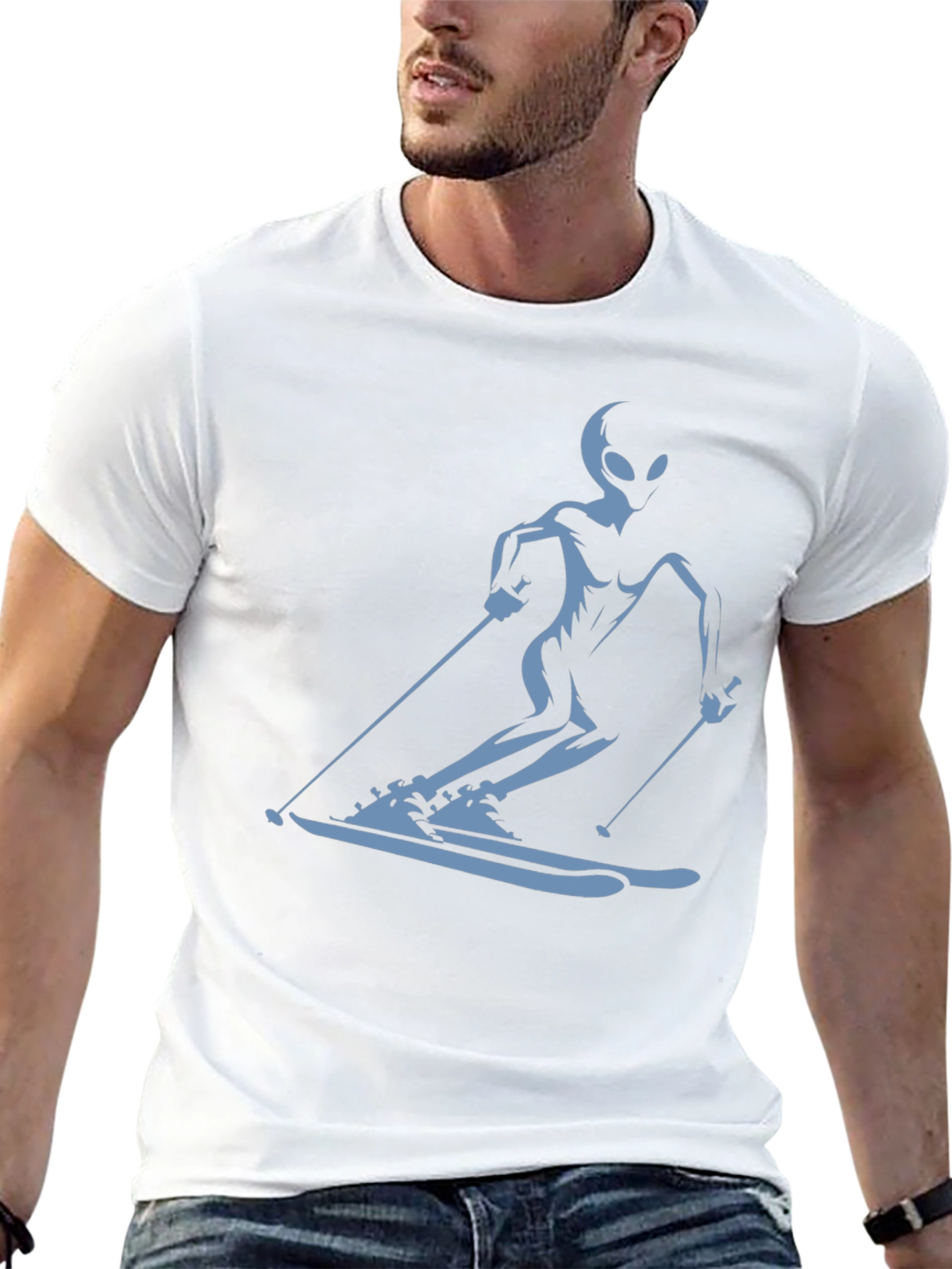 Alien Skiing Graphic Tee - Black Cotton T-Shirt