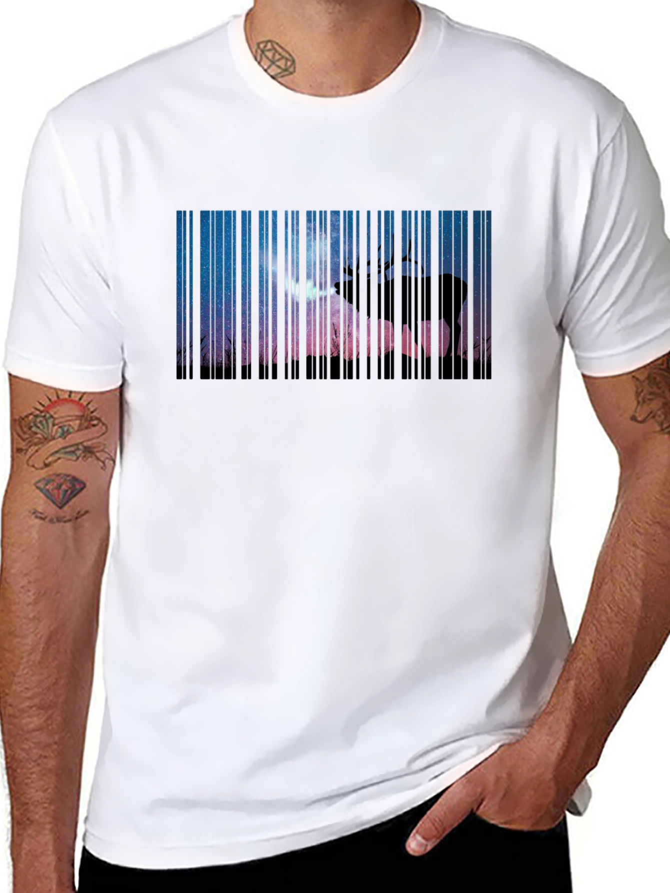 Elk Barcode Print Black T-Shirt