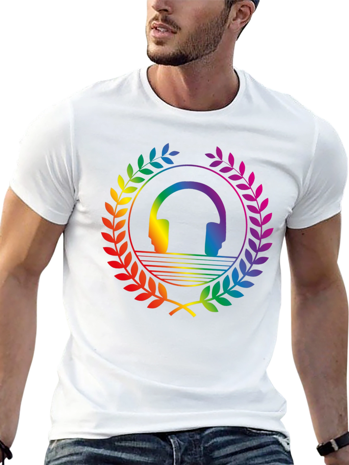 Rainbow Headphone Wreath T-Shirt - Black