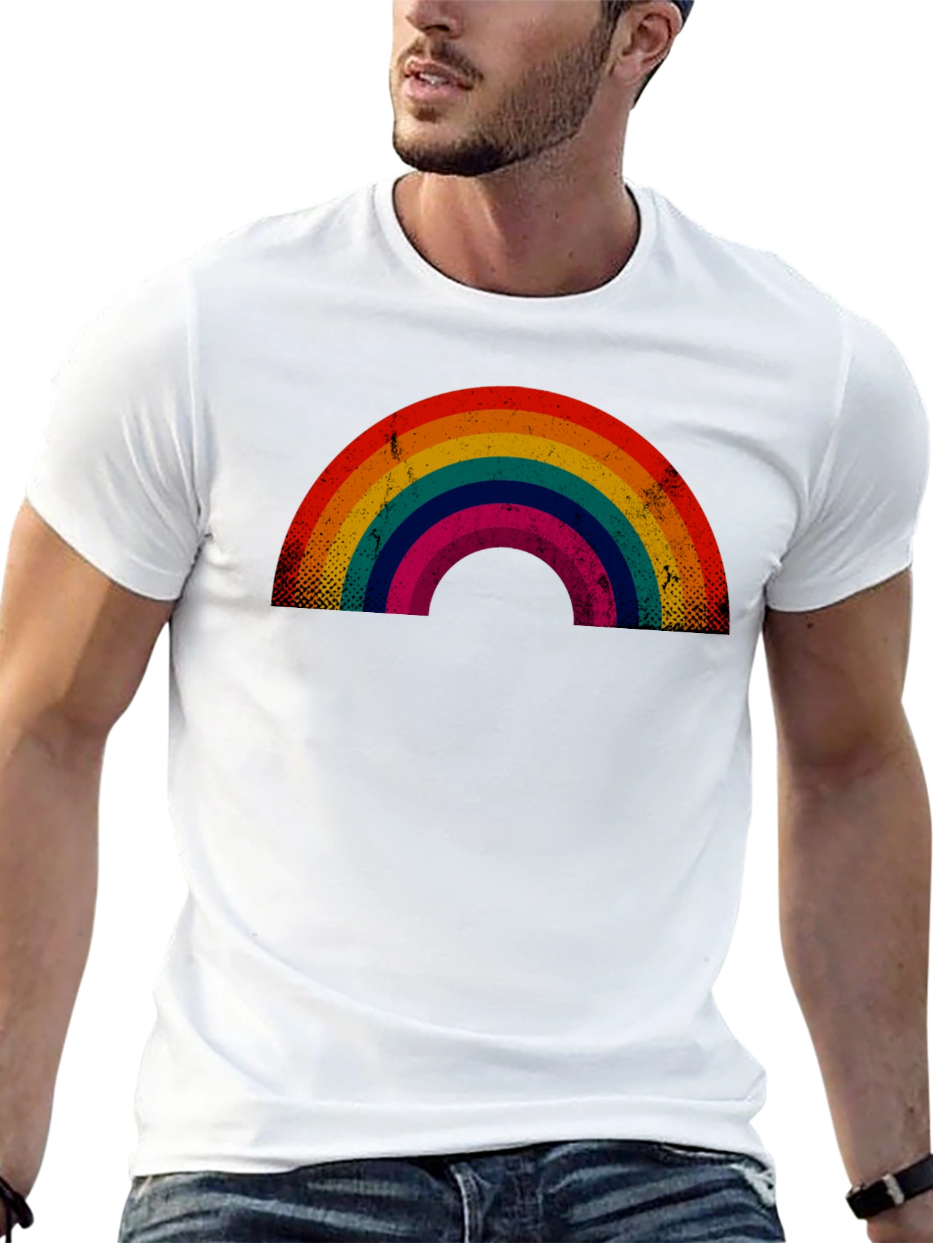 Retro Rainbow Graphic Tee - Black Cotton Blend