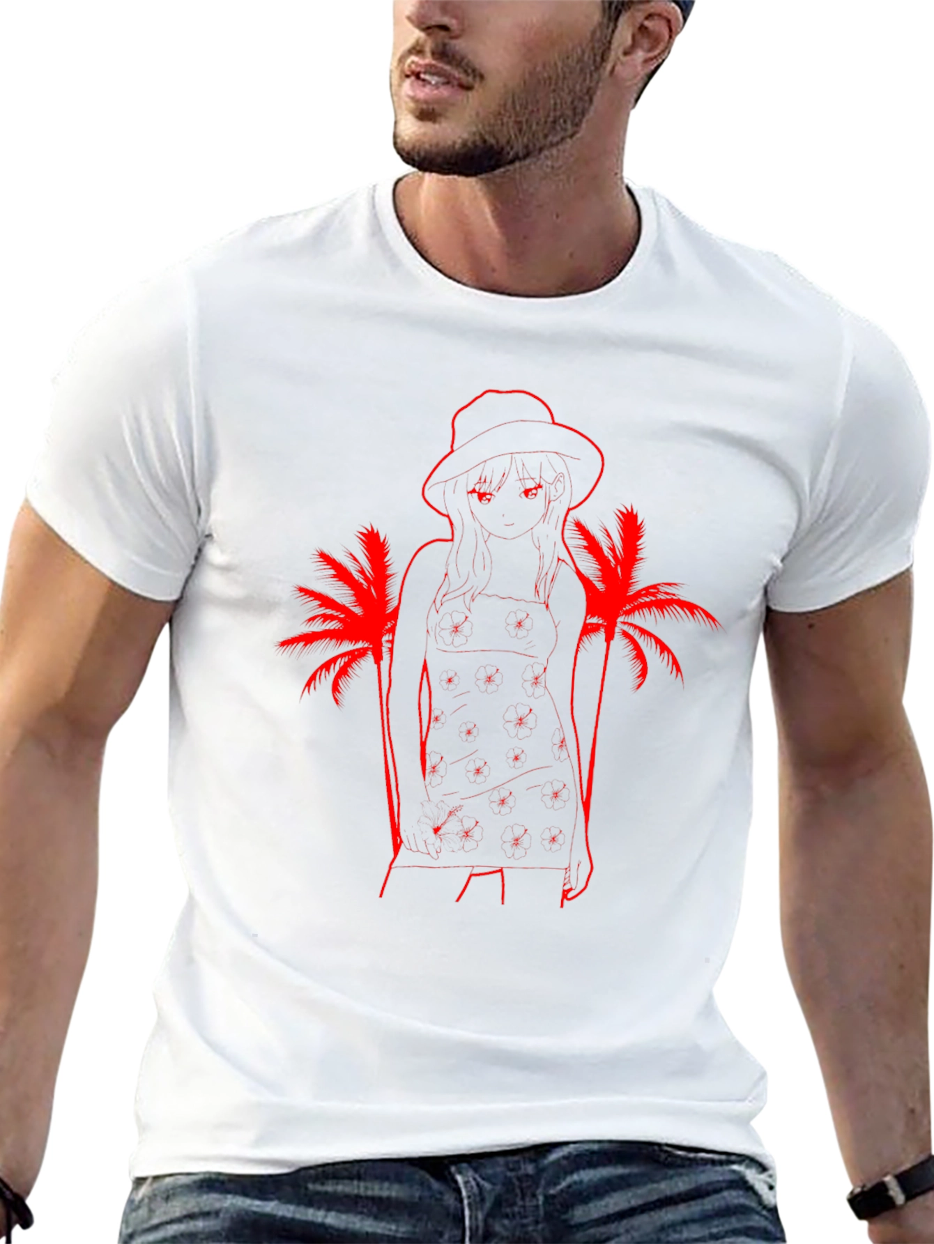 Tropical Anime Girl Graphic T-Shirt - Black