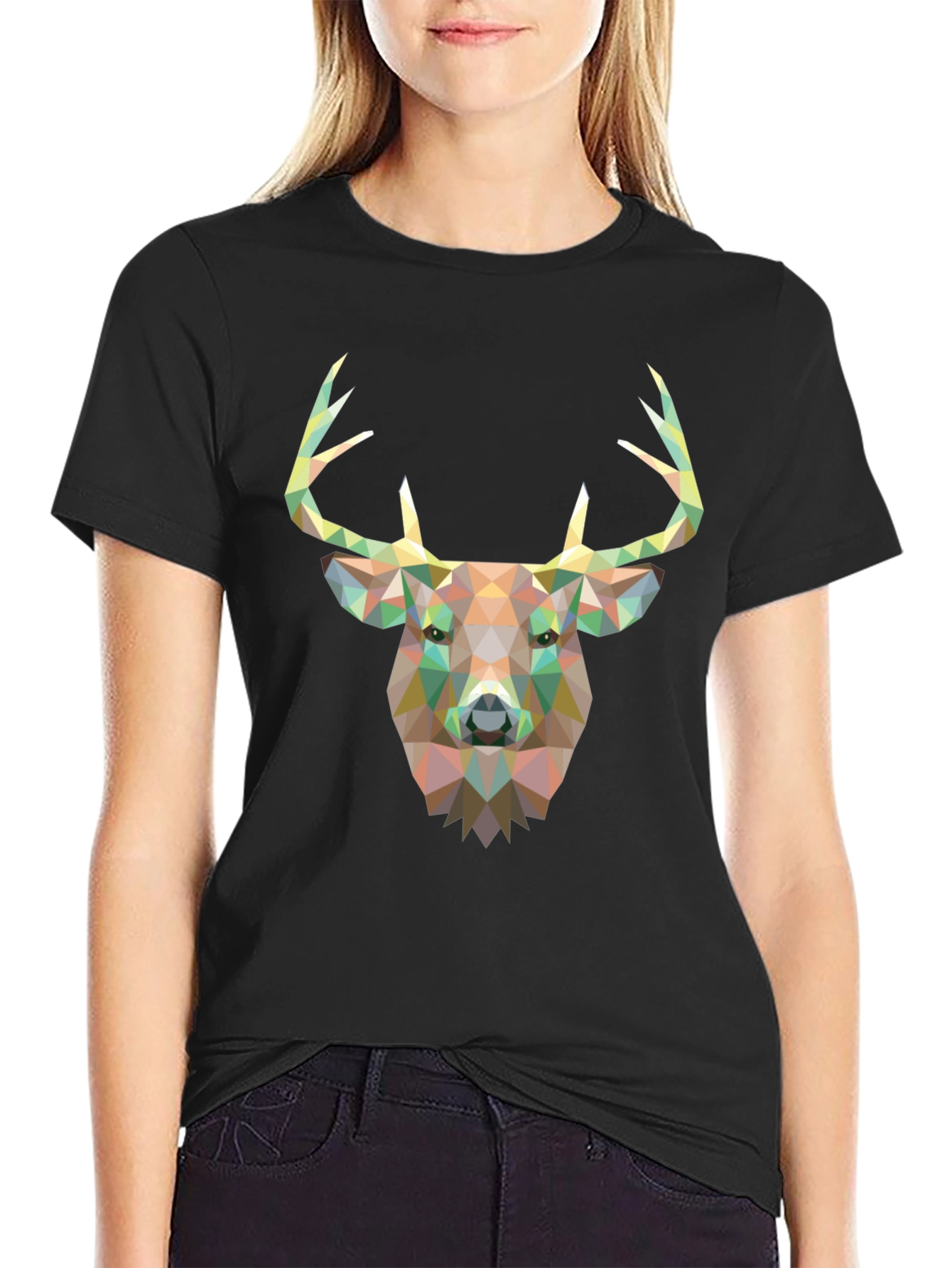 Geometric Deer Head Graphic Tee - Black Cotton T-Shirt