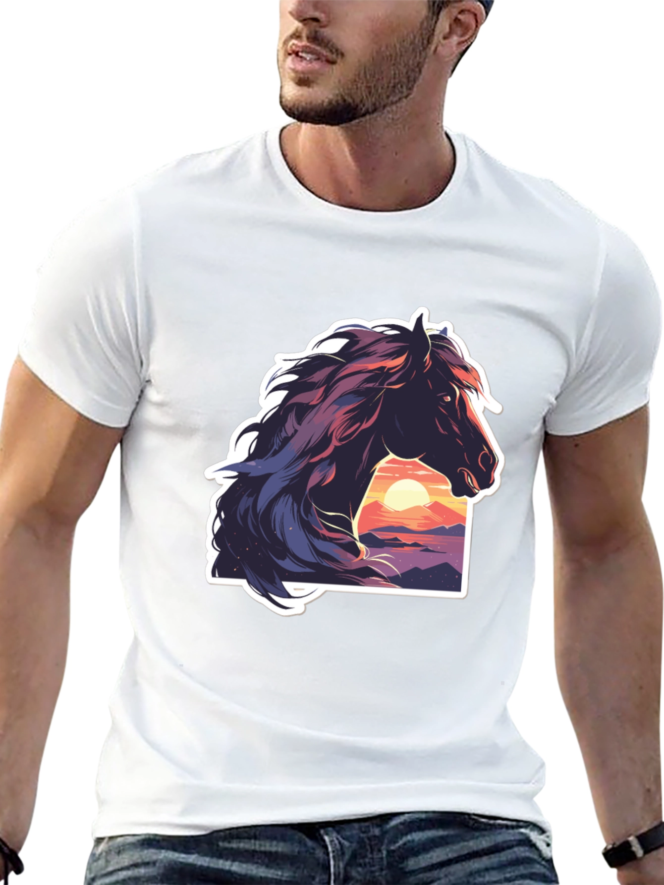 Horse Sunset Graphic Black T-Shirt
