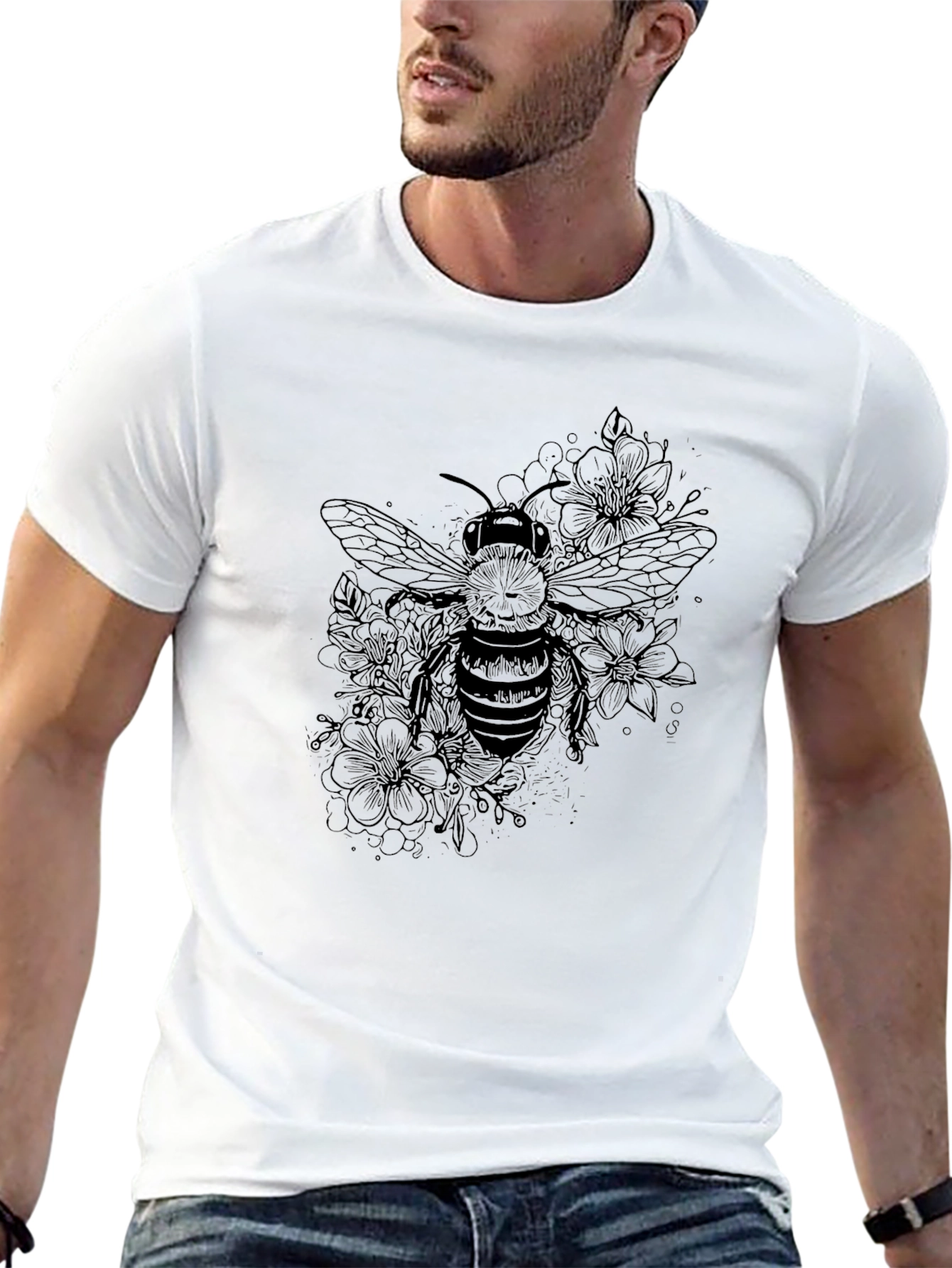 Bee and Floral Print Black T-Shirt