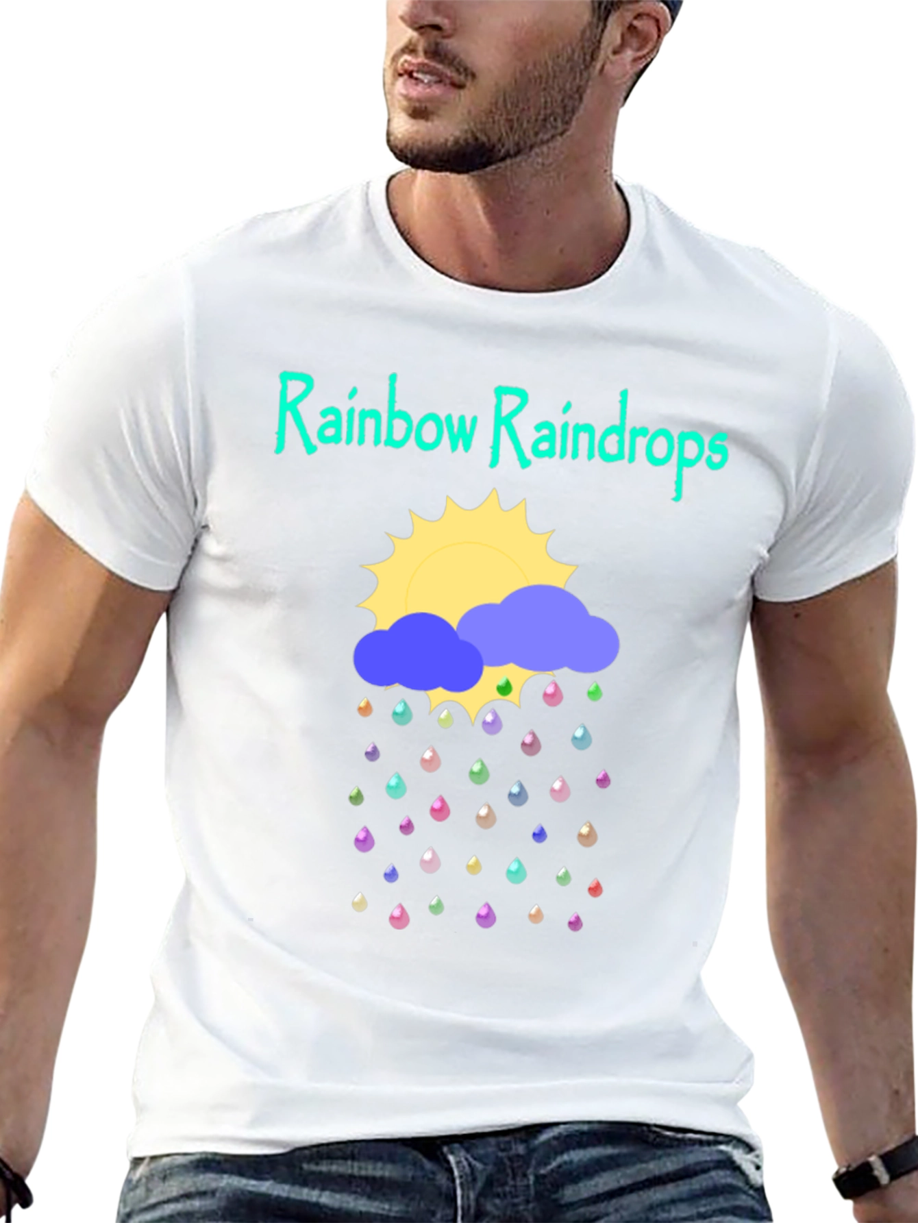 Rainbow Raindrops Graphic T-Shirt - Fun Weather Design
