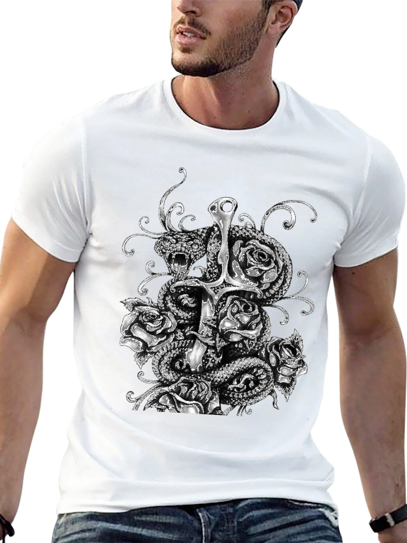 Serpent & Sword T-Shirt: Gothic Rose Design