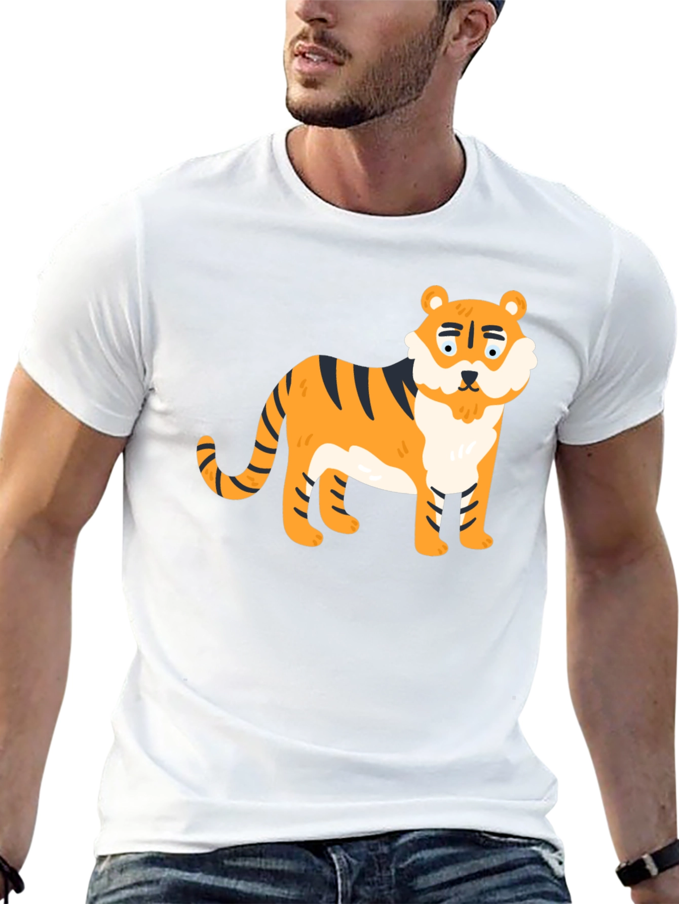 Cartoon Tiger Graphic Tee - Black Cotton Blend