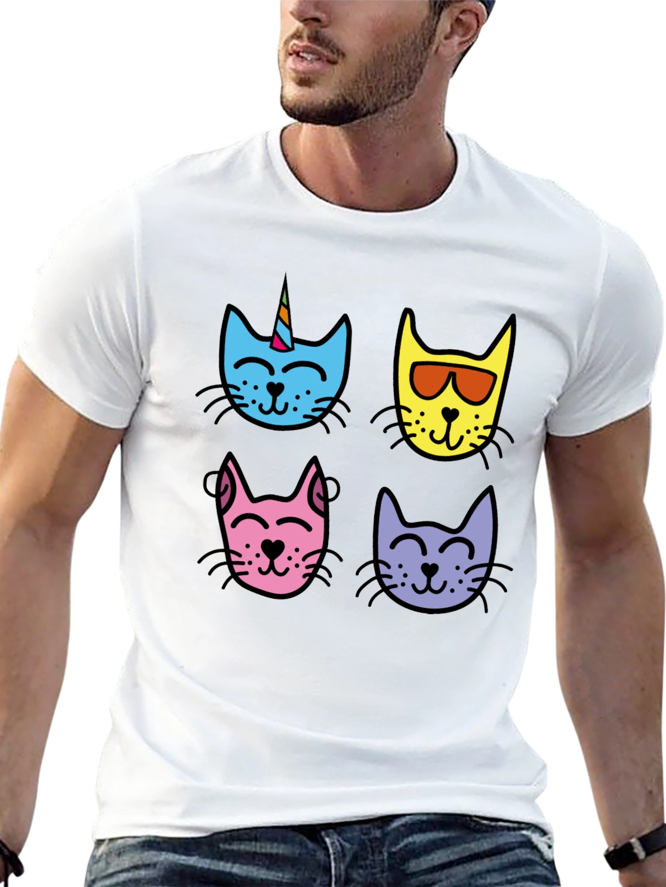 Cute Cat Faces Graphic Tee - Mens Black T-Shirt