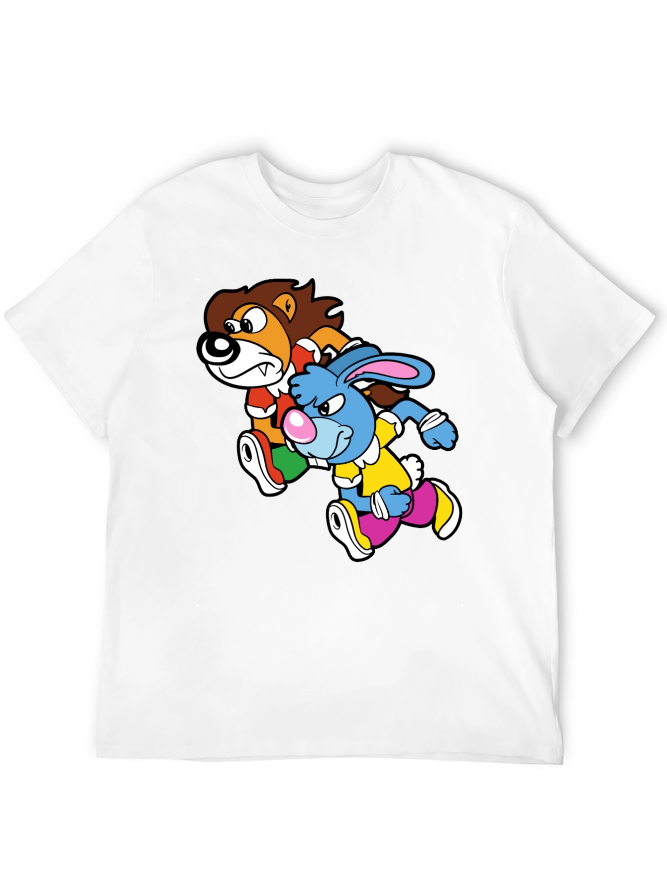Lion and Rabbit Cartoon Graphic Black T-Shirt