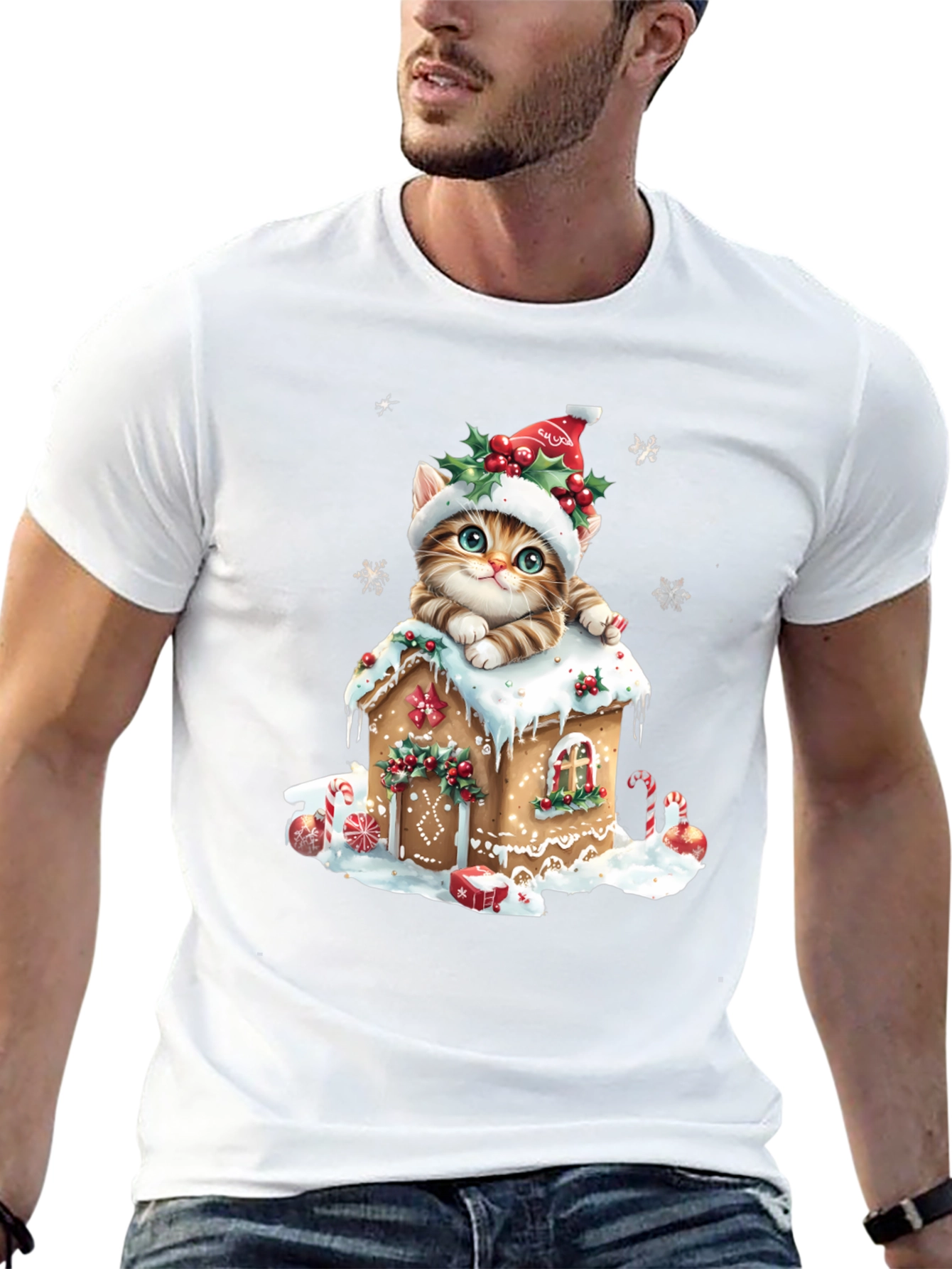Festive Cat Gingerbread House Christmas T-Shirt