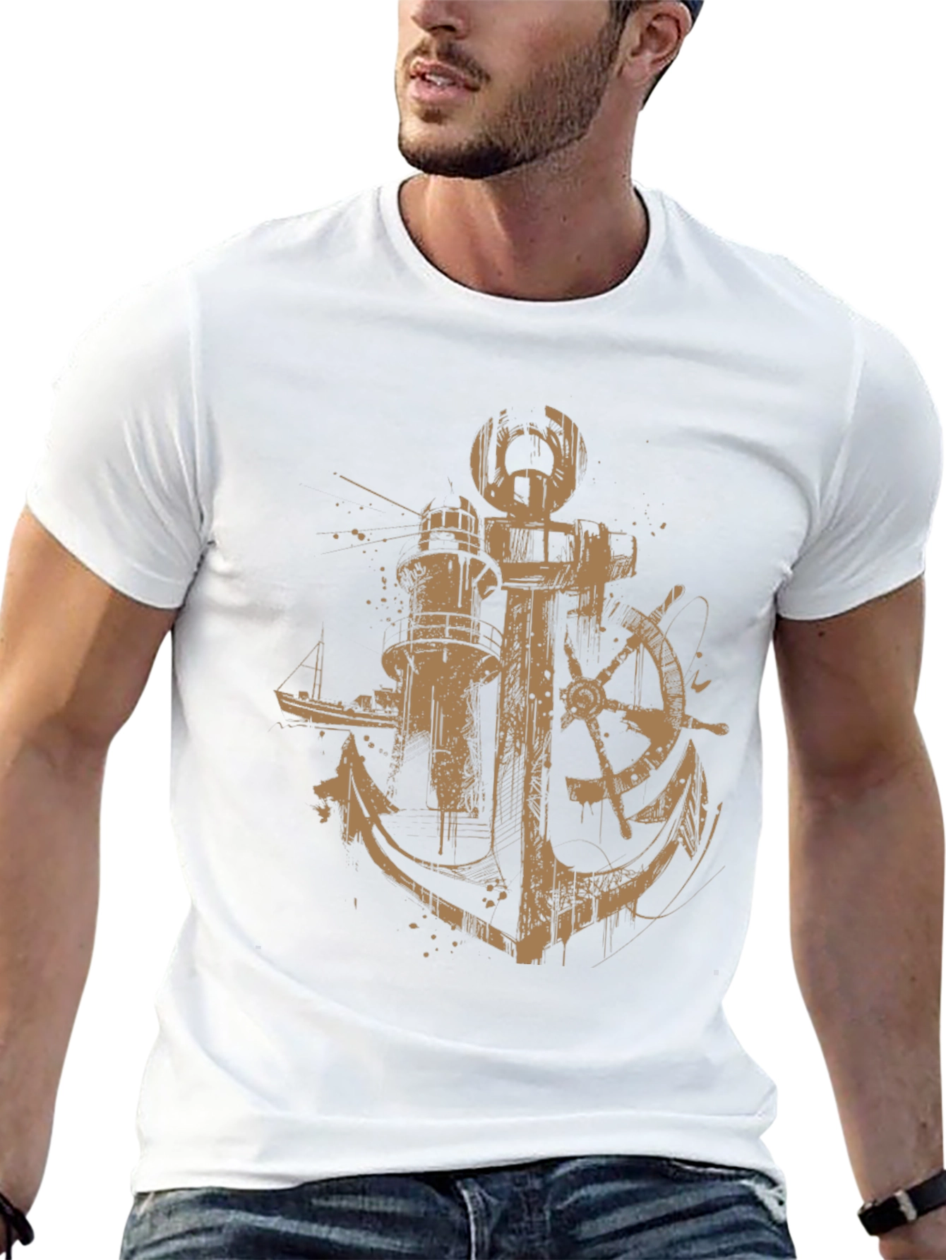 Nautical Anchor & Lighthouse Graphic Print Black T-Shirt