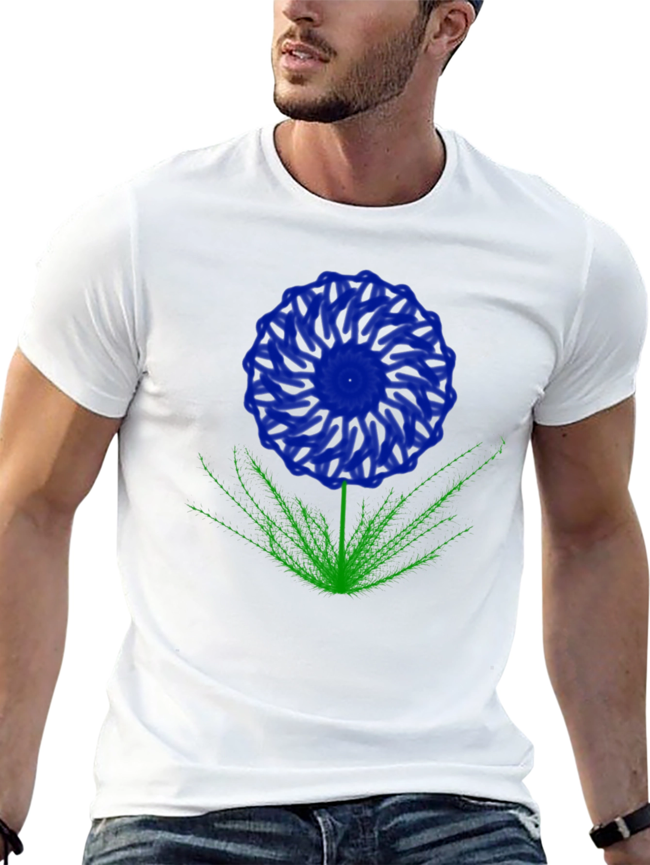 Blue Flower Graphic T-Shirt - Black Cotton Blend
