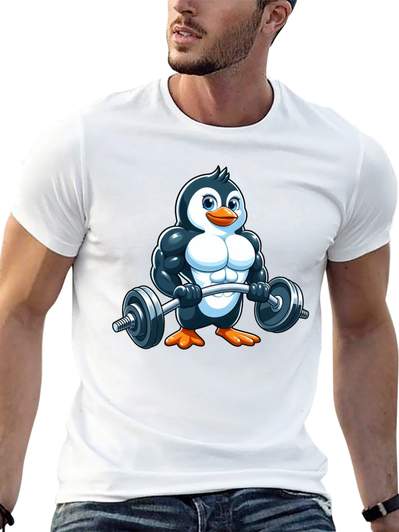 Penguin Lifting Barbell T-Shirt - Gym Humor!