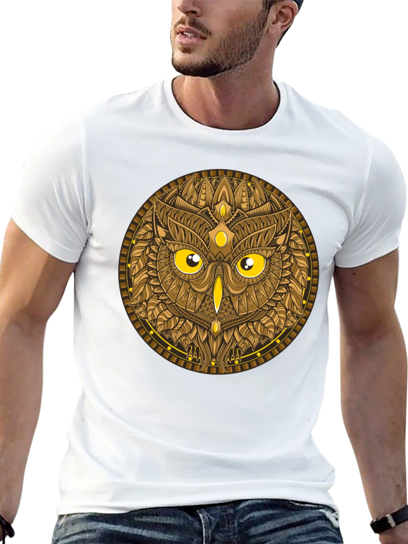 Owl Mandala Graphic Print Black T-Shirt