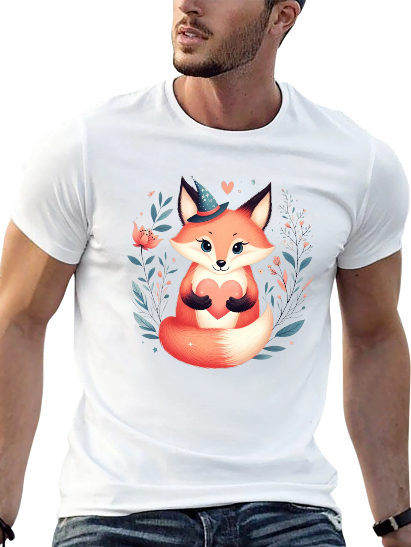 Cute Fox Heart Graphic Tee - Black