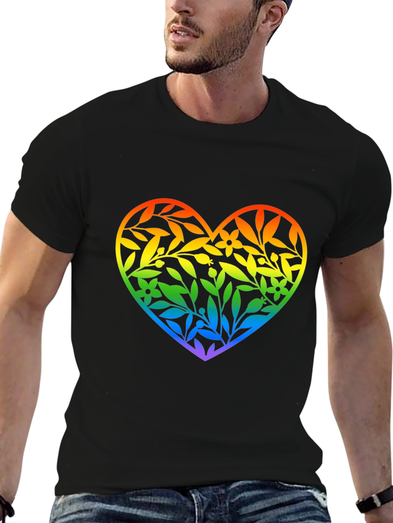 Rainbow Floral Heart Graphic Black T-Shirt