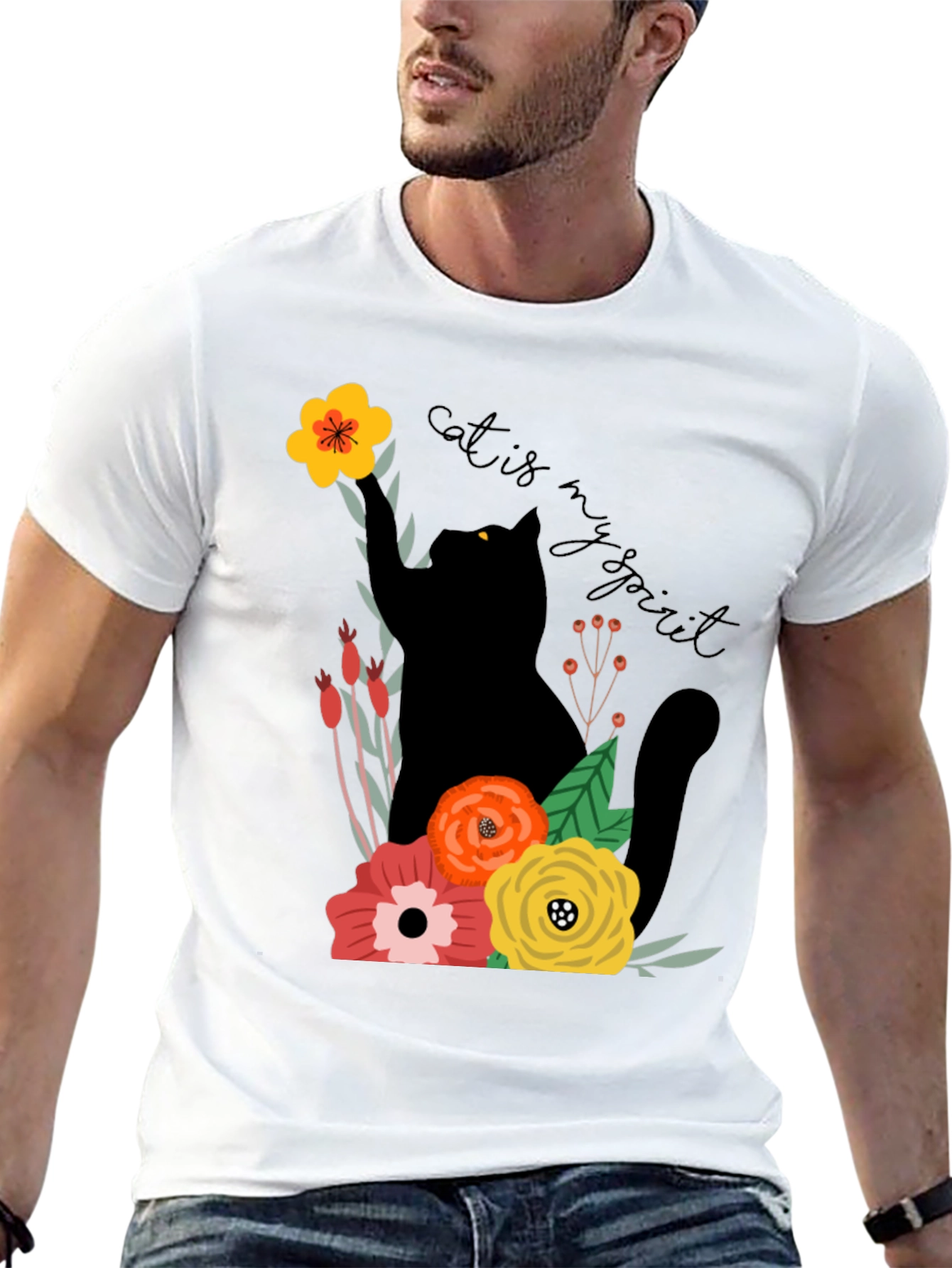 Cat Is My Spirit T-Shirt - Floral Design