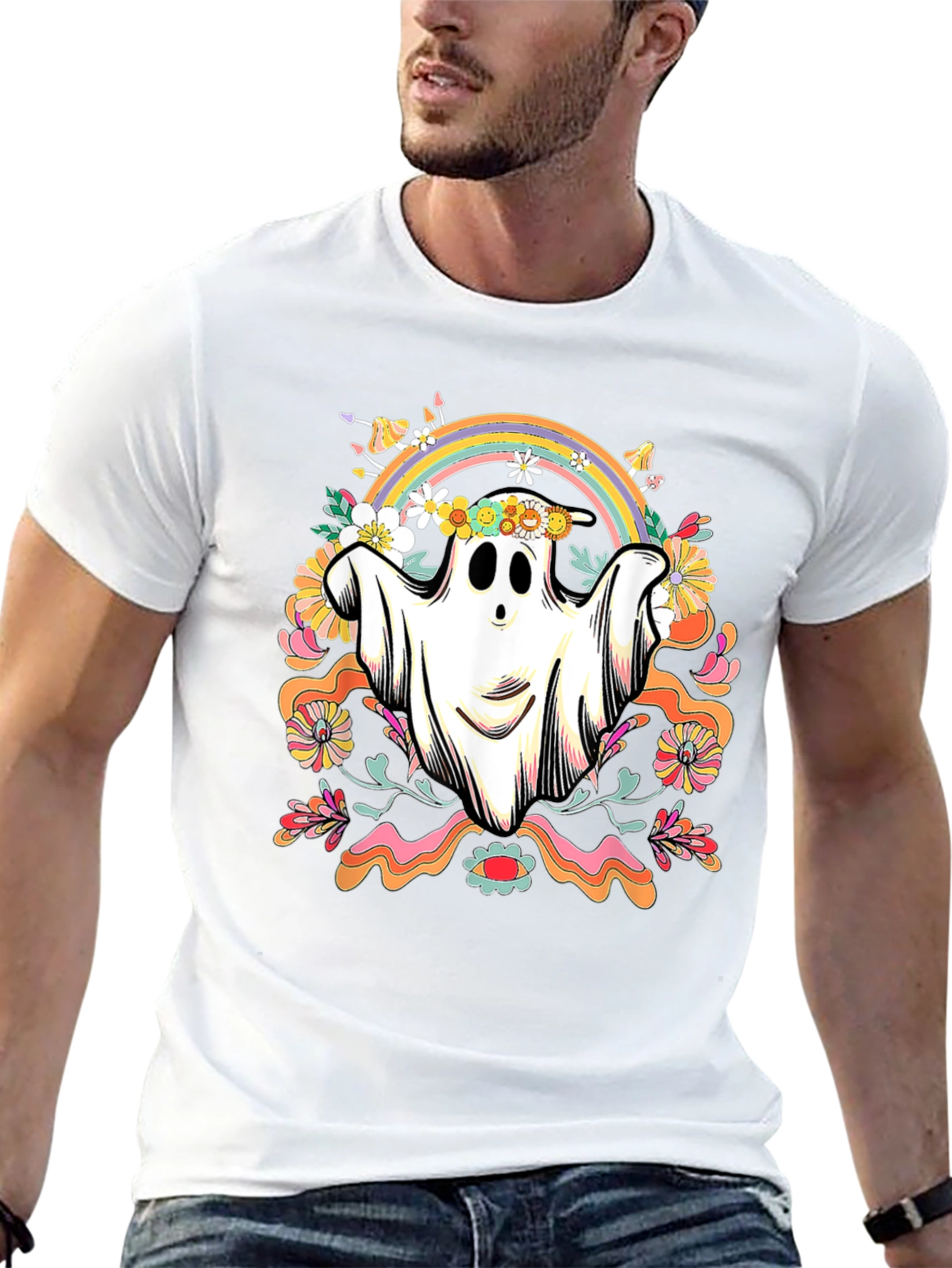 Hippie Ghost T-Shirt - Spooky Retro Design
