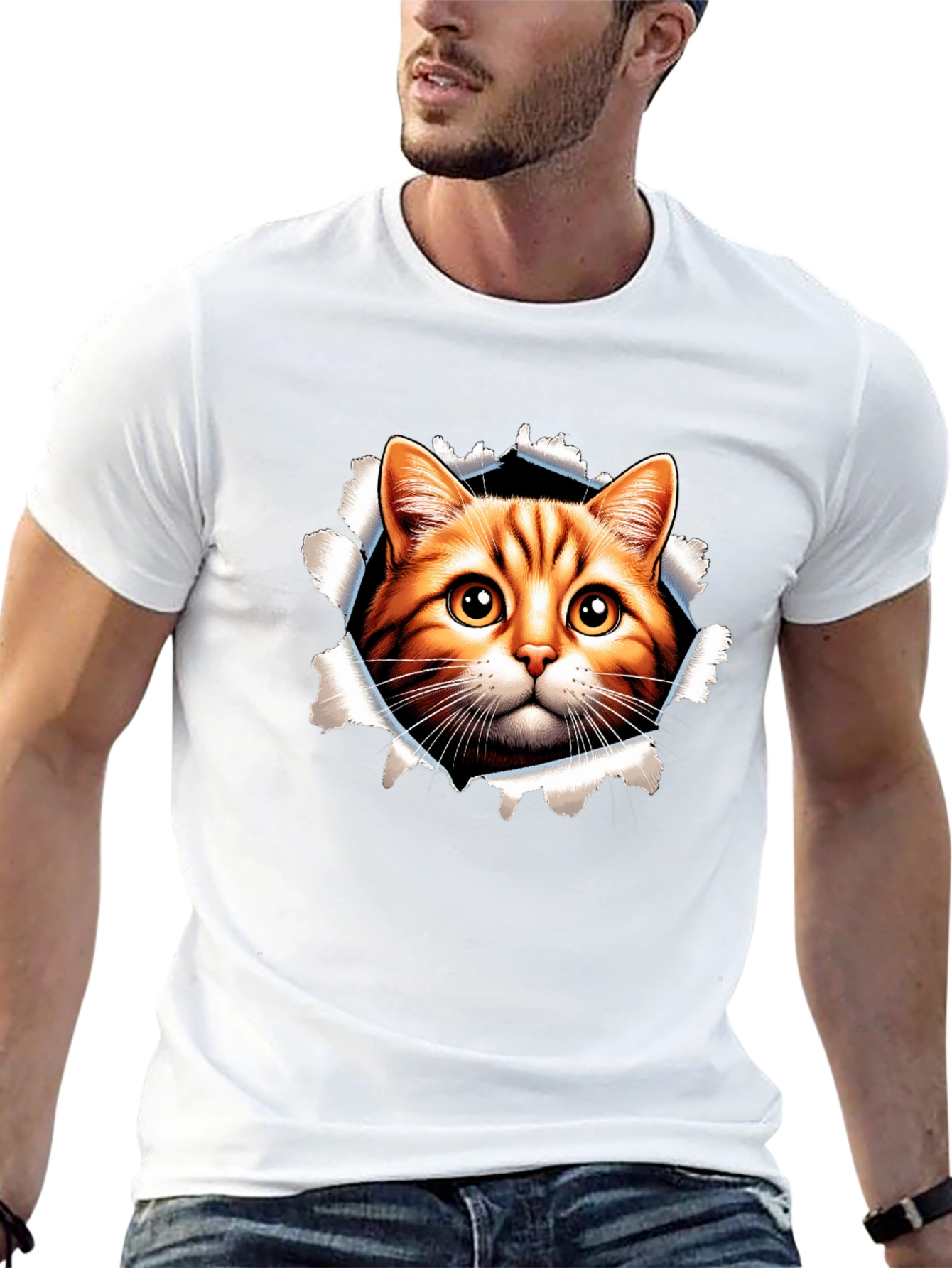 Cat Peeking Through Ripped Black Tee