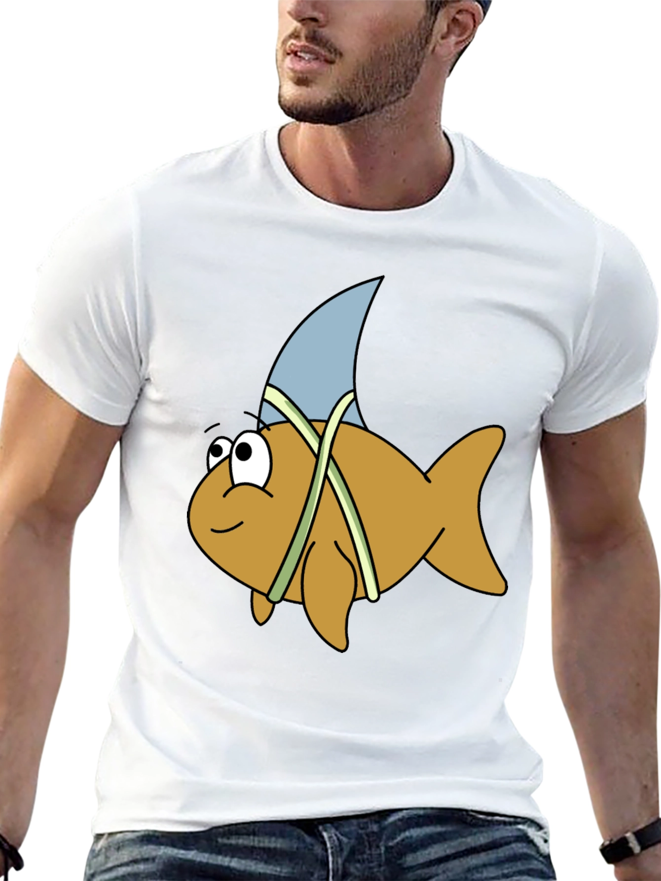 Cartoon Shark Fin Fish Black T-Shirt