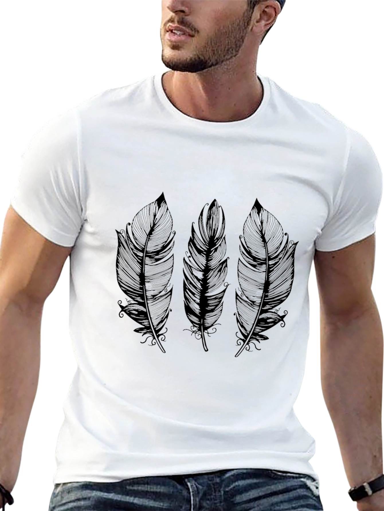 Mens Feather Graphic Print Black T-Shirt
