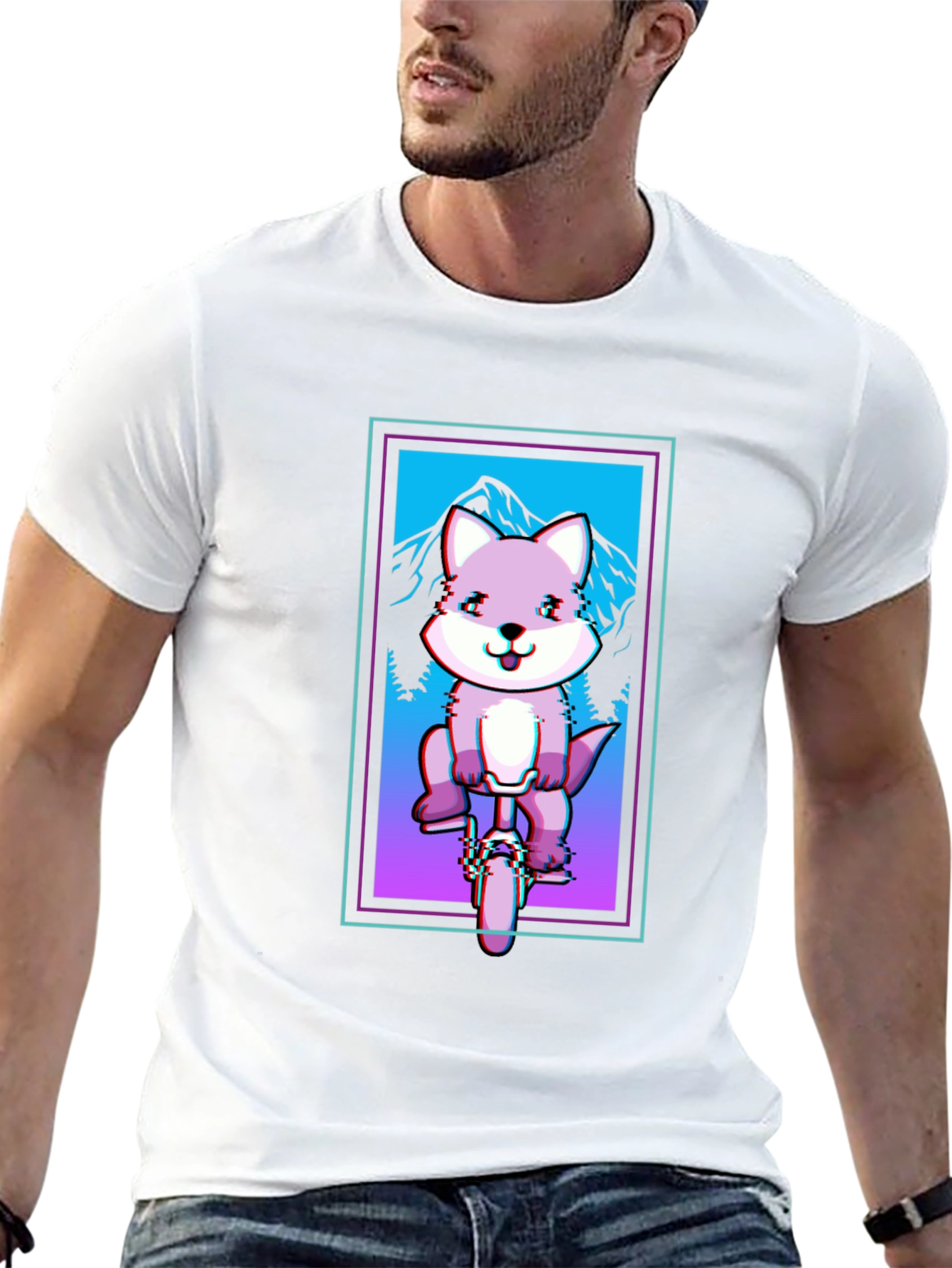 Fox on Unicycle T-Shirt - Glitch Art Style