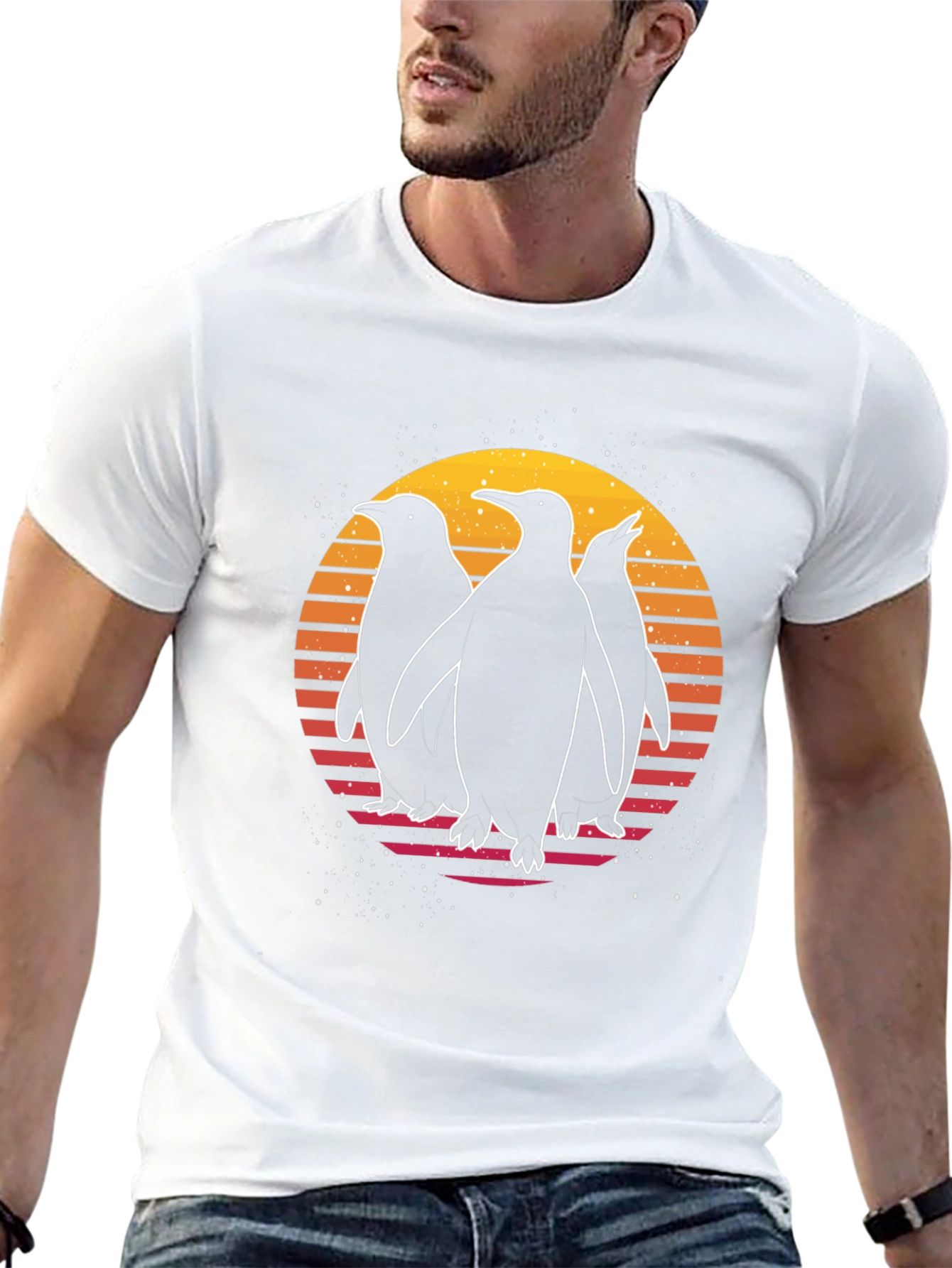 Retro Penguin Sunset Graphic T-Shirt