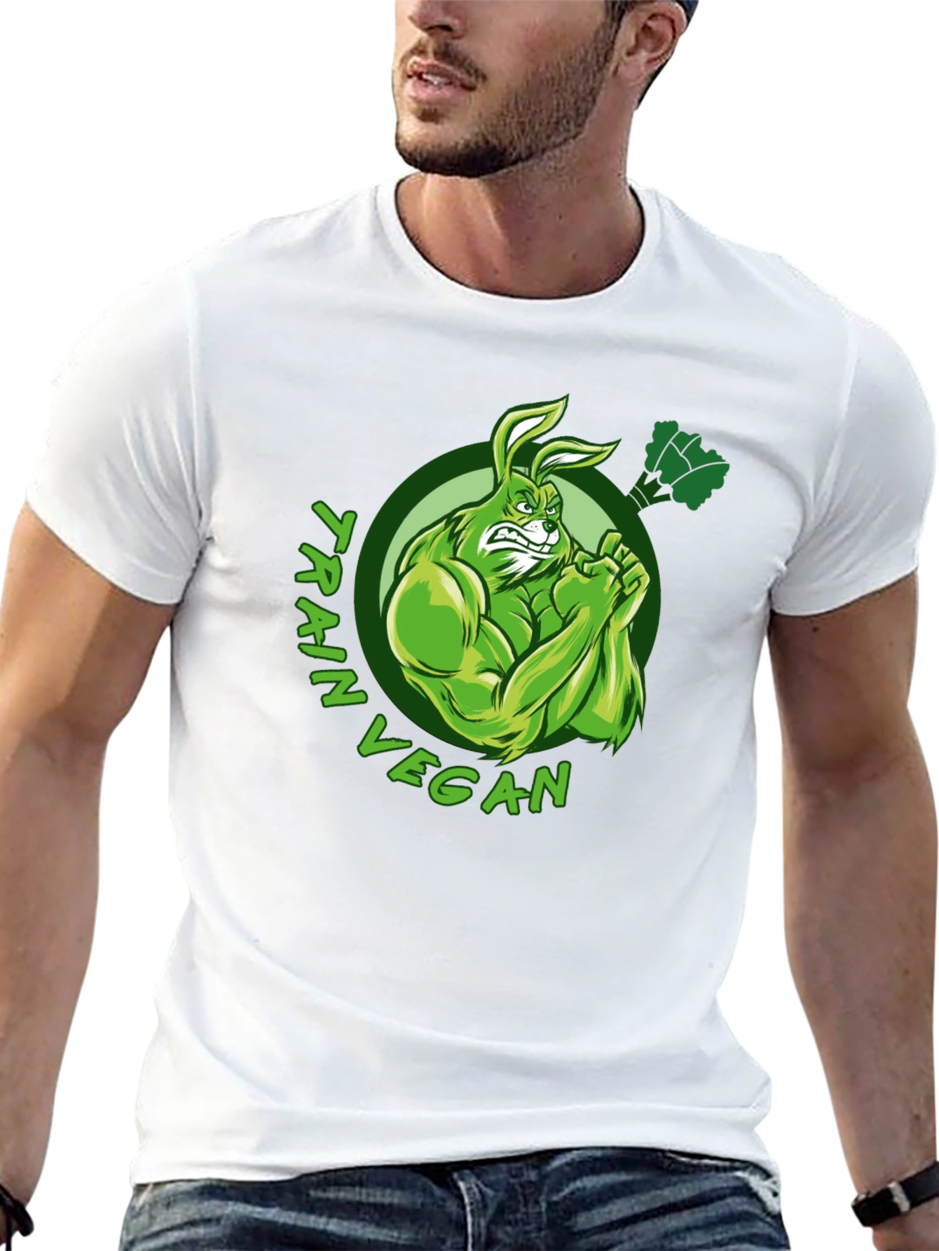 Train Vegan T-Shirt: Muscular Rabbit Design