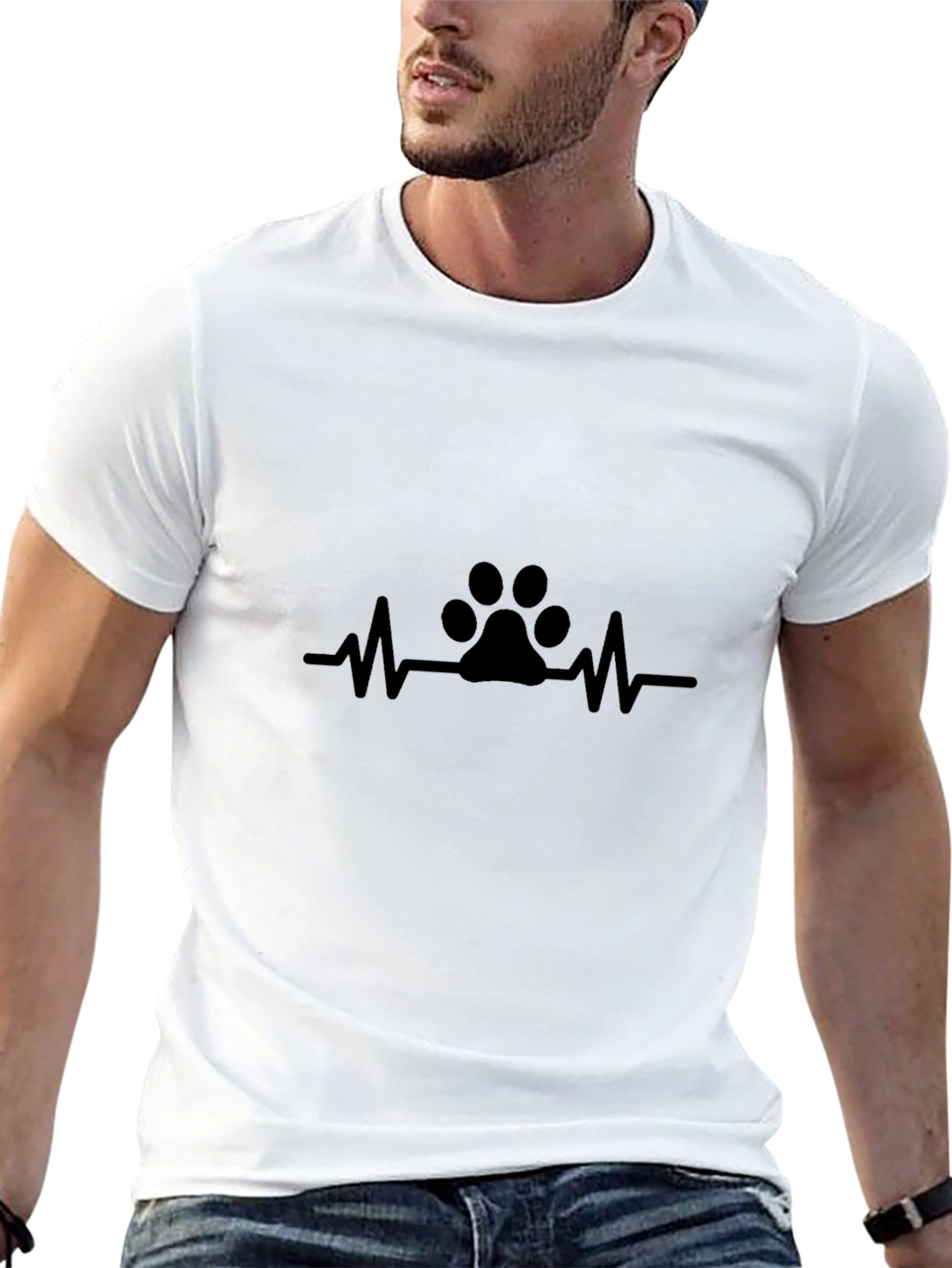 Paw Print Heartbeat T-Shirt - Black Casual Cotton Tee