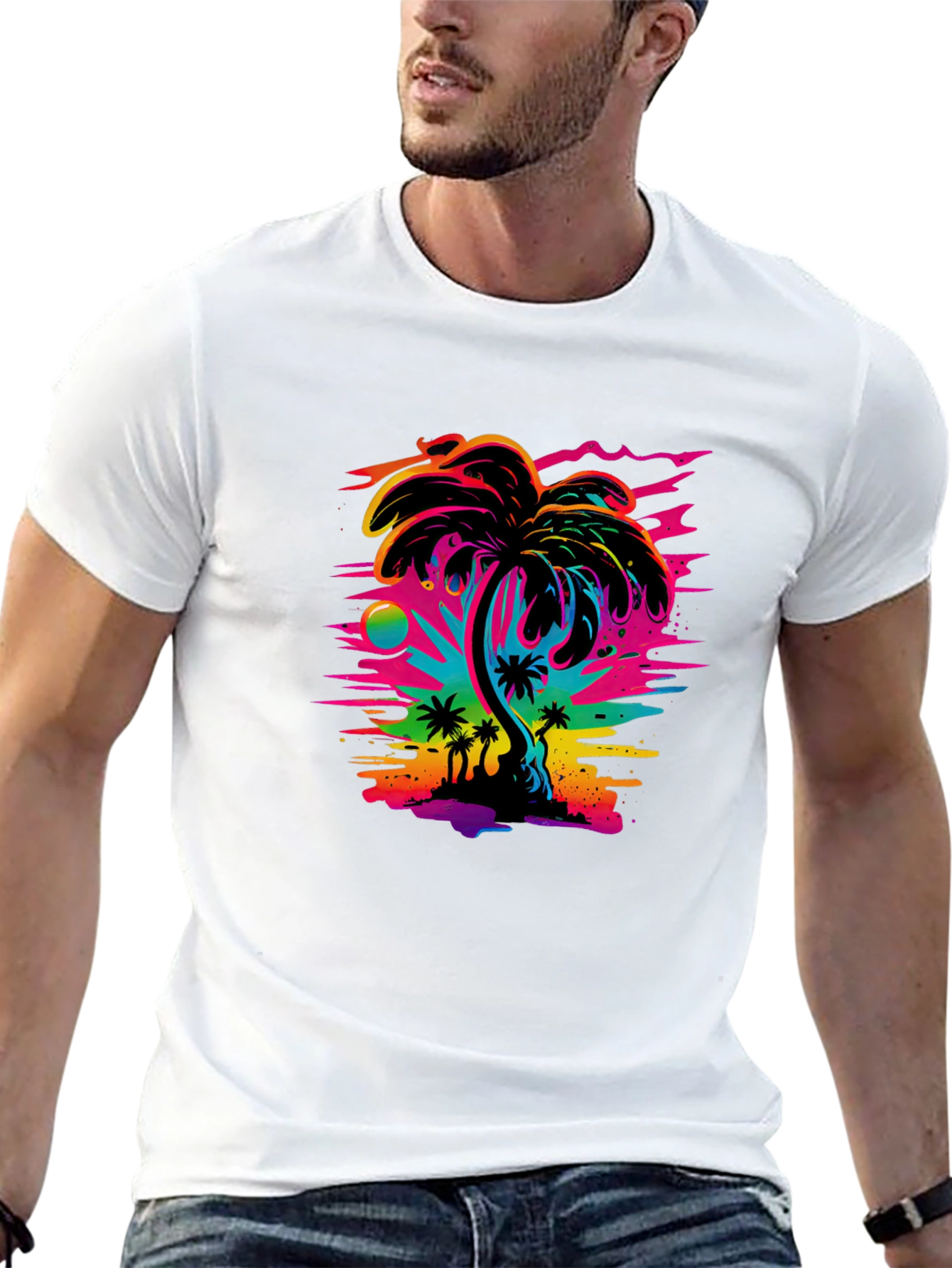 Vibrant Palm Tree Graphic Black T-Shirt