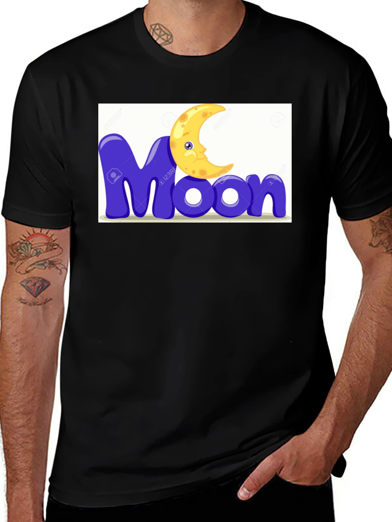 Cartoon Moon Graphic Tee - Black Cotton Blend