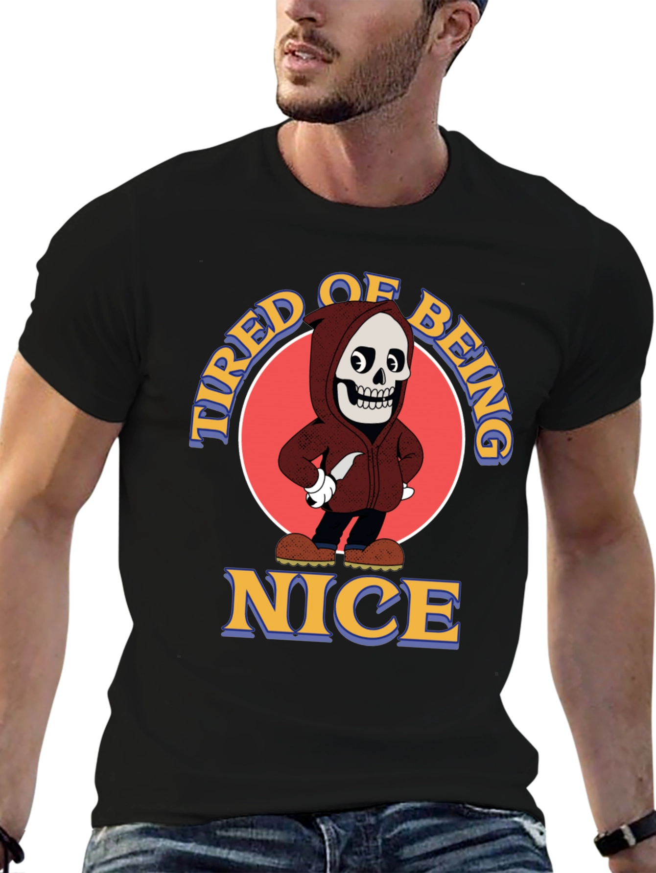 Tired of Being Nice Cartoon Skeleton Graphic T-Shirt