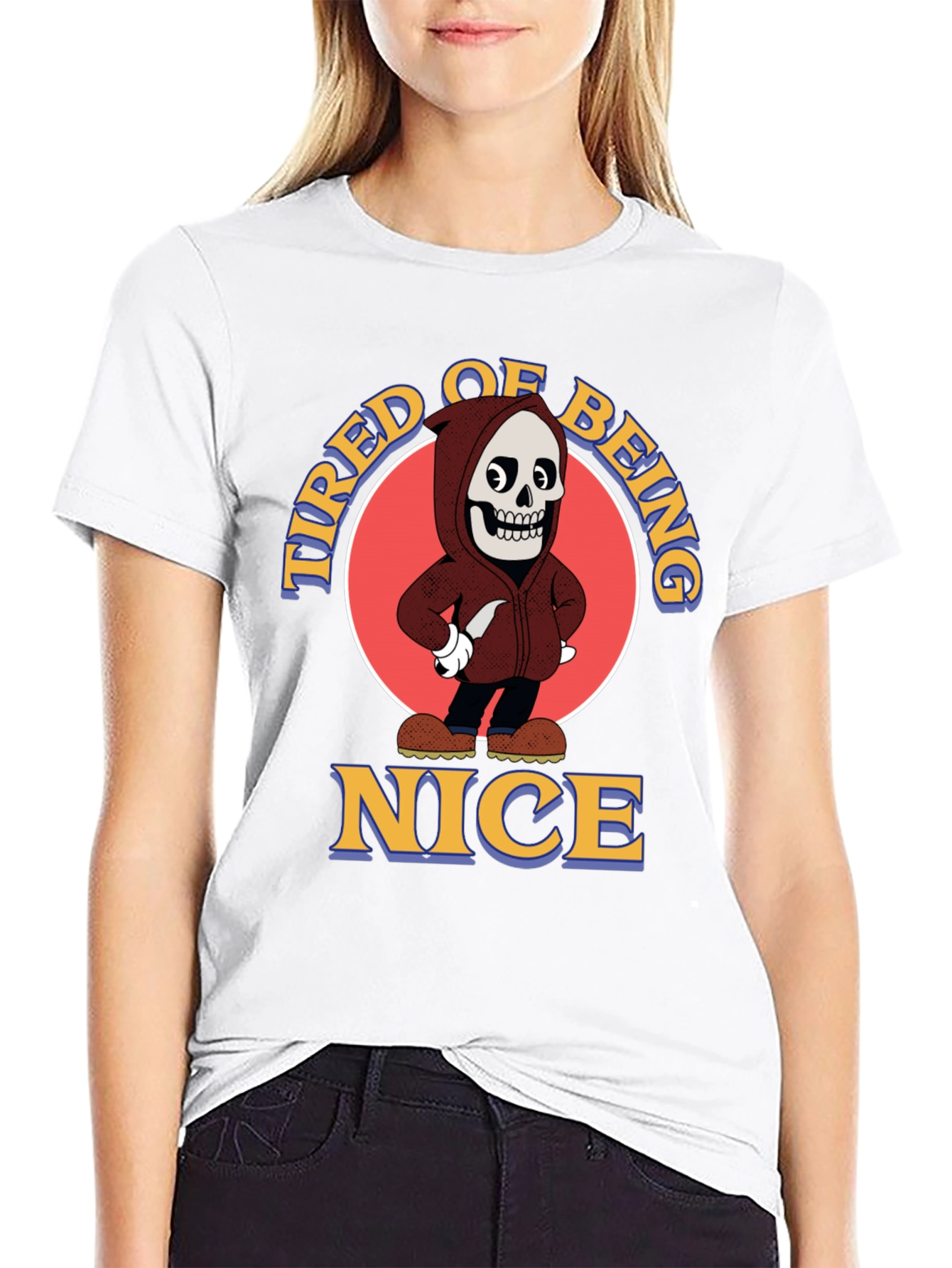 Tired of Being Nice Cartoon Skeleton Graphic T-Shirt