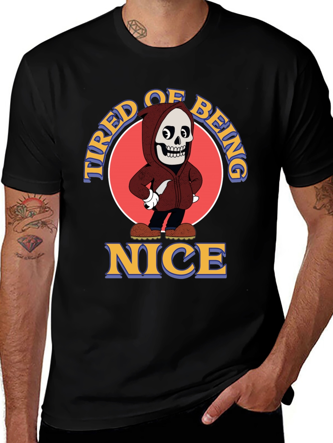 Tired of Being Nice Cartoon Skeleton Graphic T-Shirt