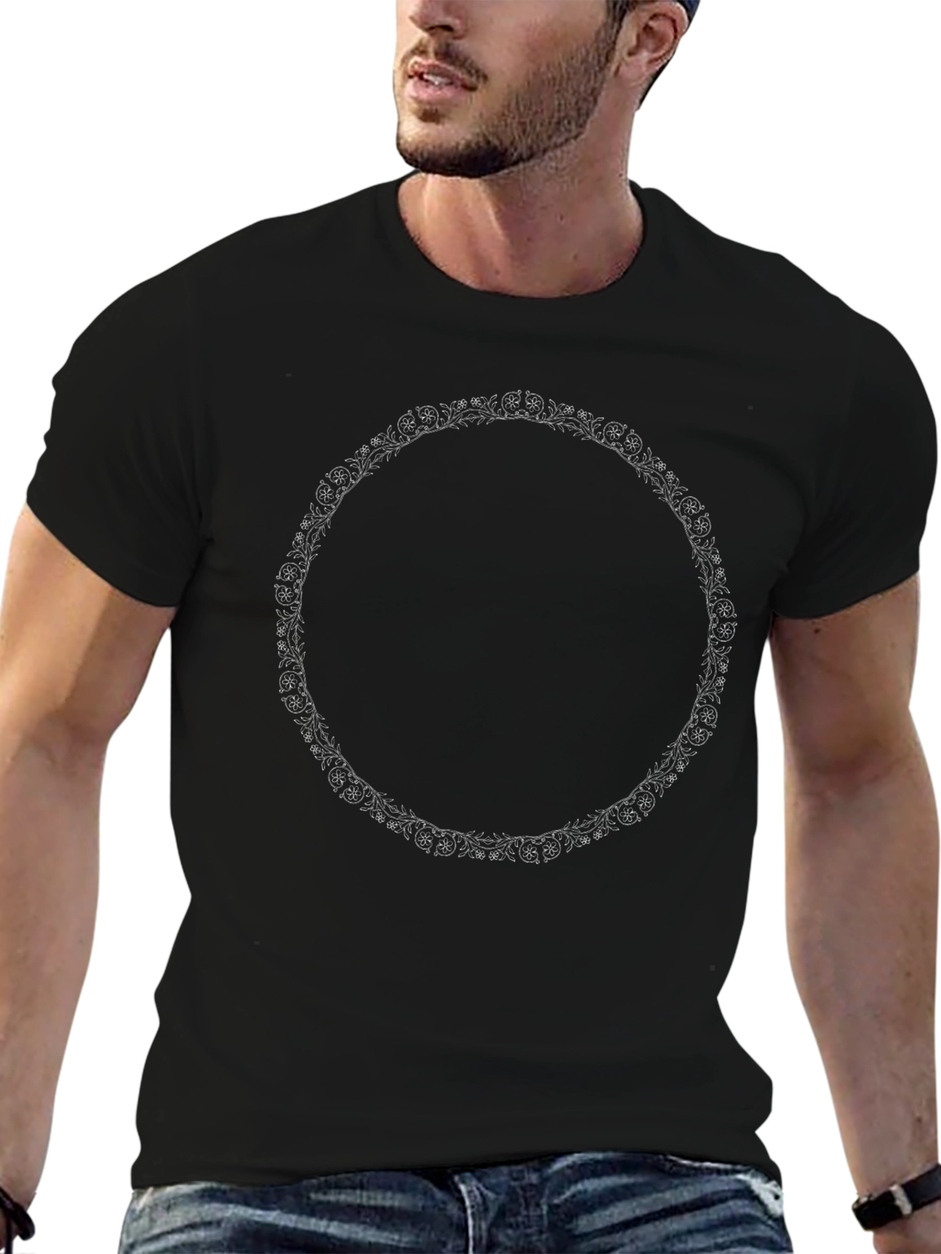 Black T-Shirt with Floral Circle Design