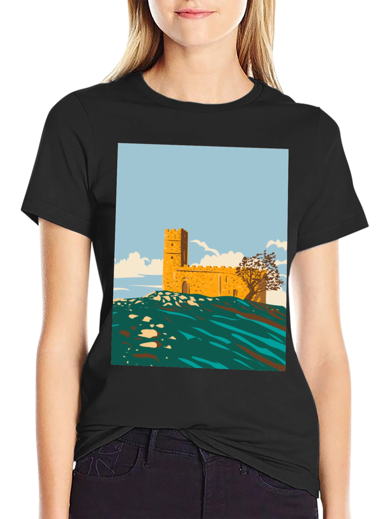 Retro Castle Graphic Tee - Stylish Cotton Blend