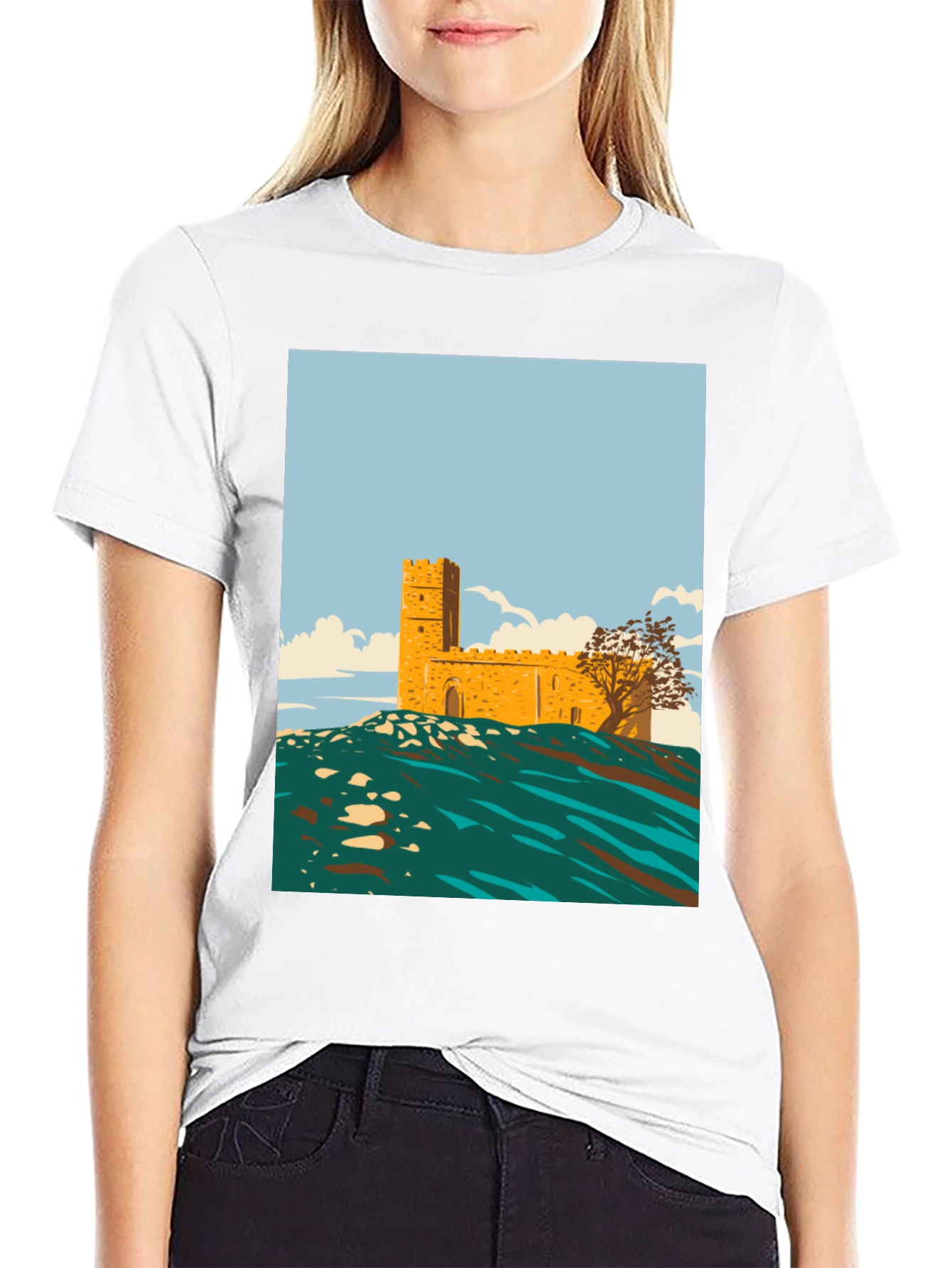 Retro Castle Graphic Tee - Stylish Cotton Blend