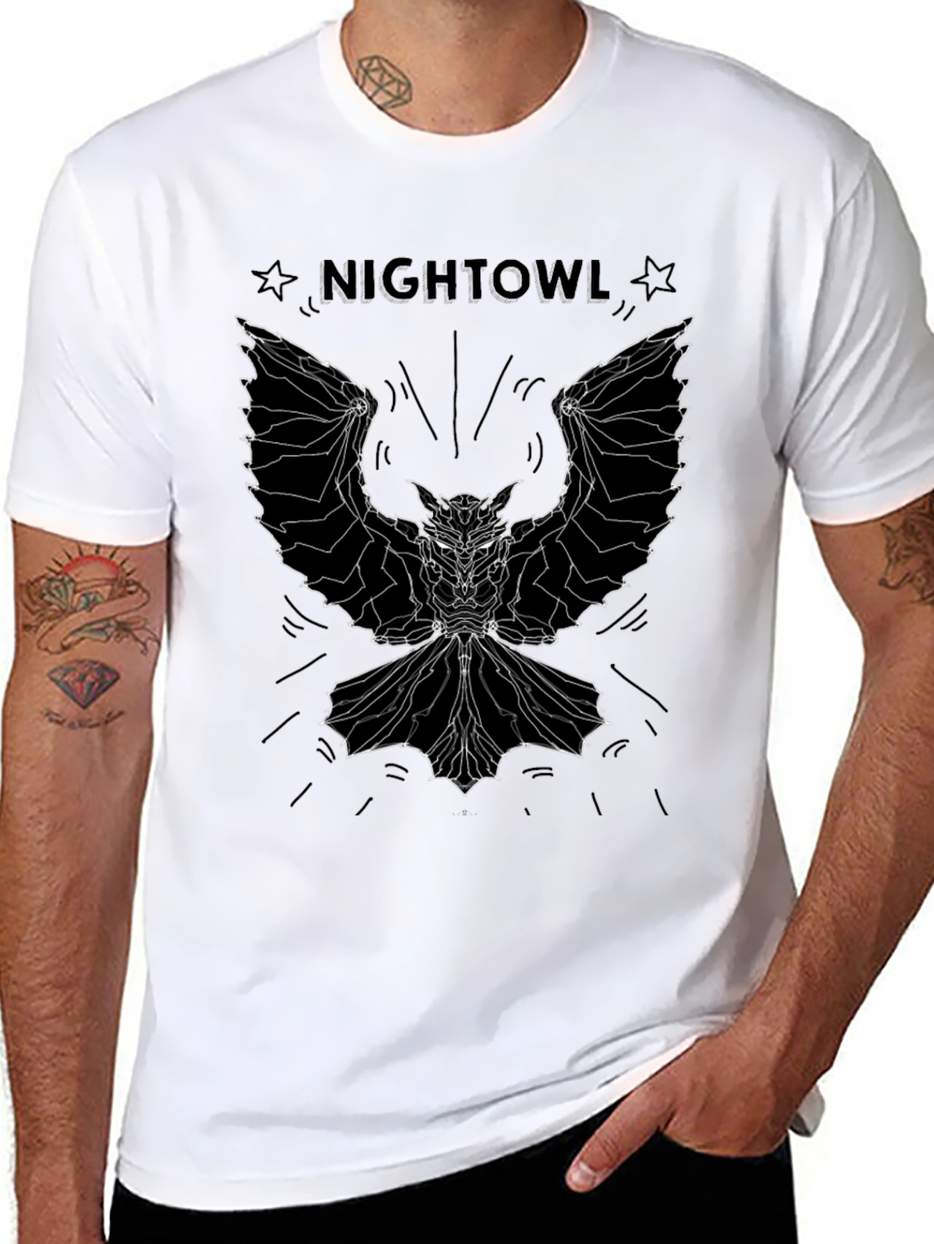 Nightowl Graphic Tee - Geometric Owl Design Black T-Shirt