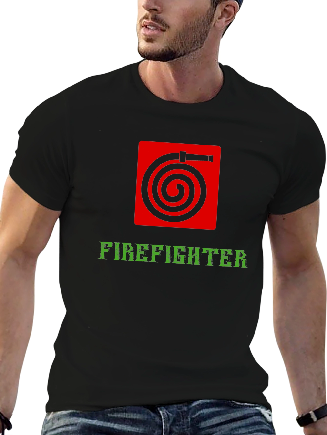Firefighter Hose Graphic Tee - Black Cotton Shirt