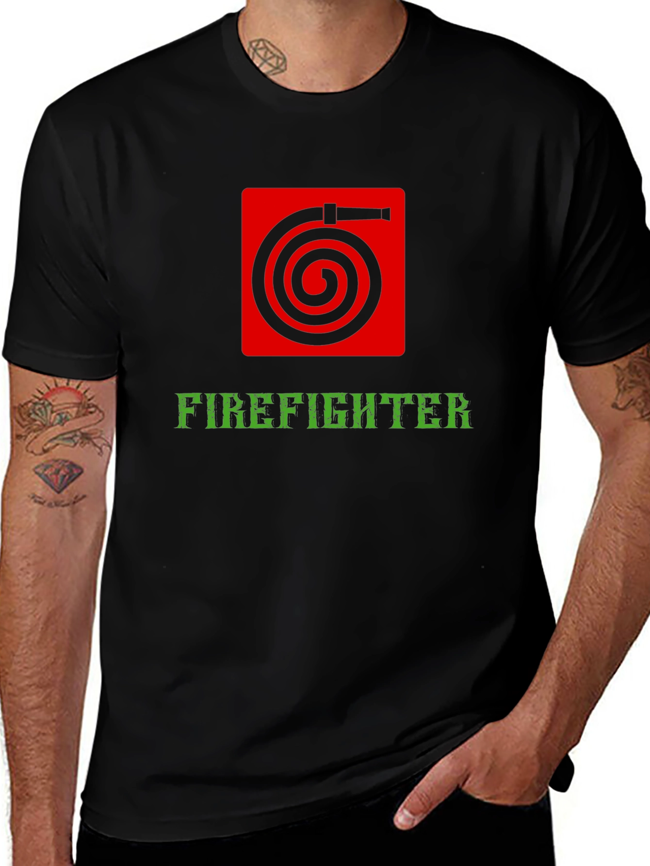 Firefighter Hose Graphic Tee - Black Cotton Shirt
