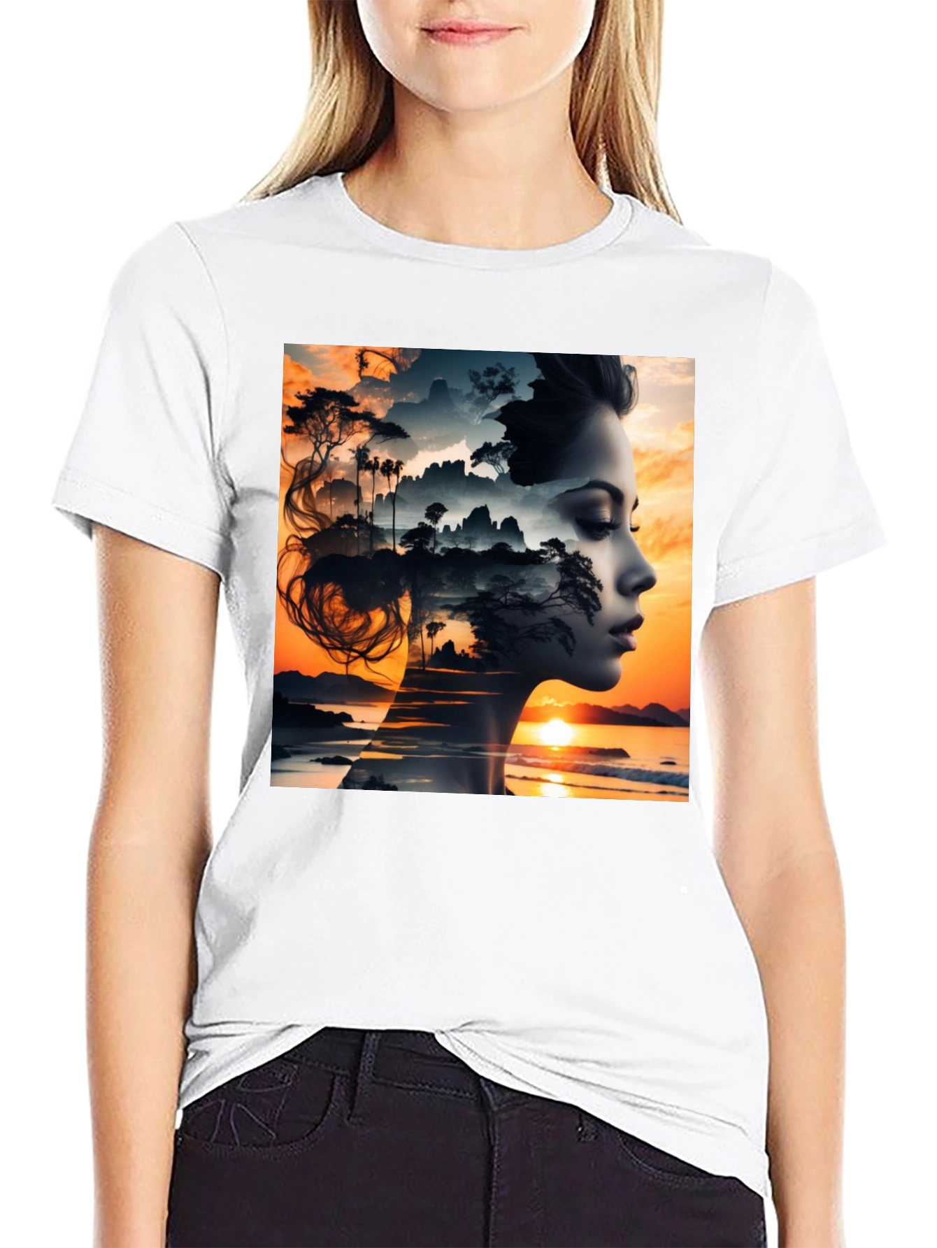 Sunset Woman Graphic Tee - Artistic Print T-Shirt