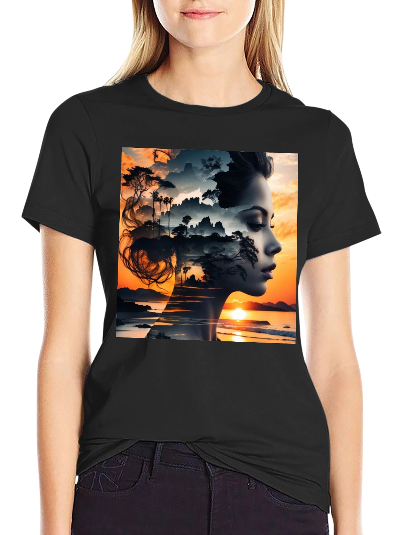 Sunset Woman Graphic Tee - Artistic Print T-Shirt