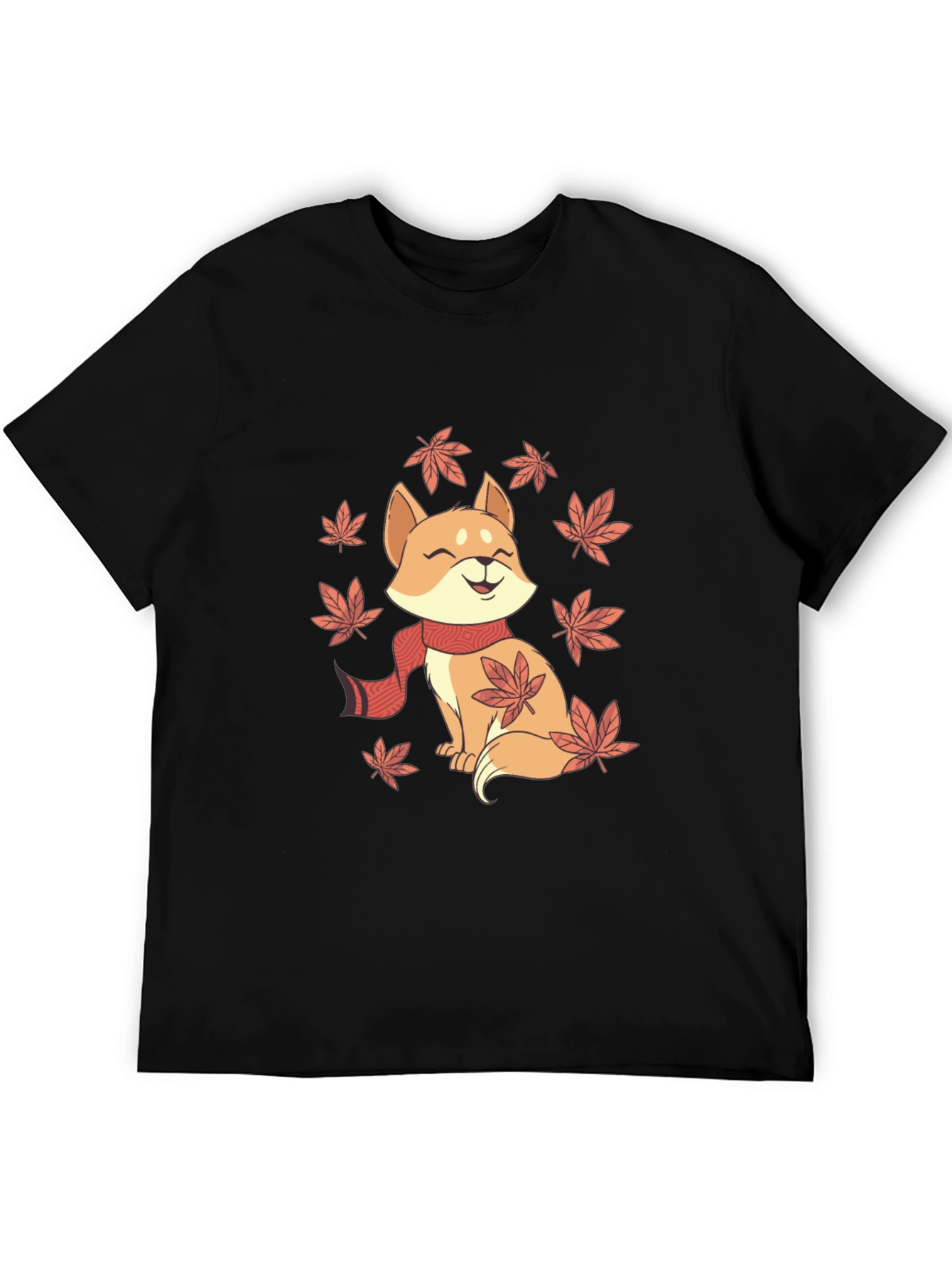 Cute Shiba Inu Autumn Leaves Black T-Shirt