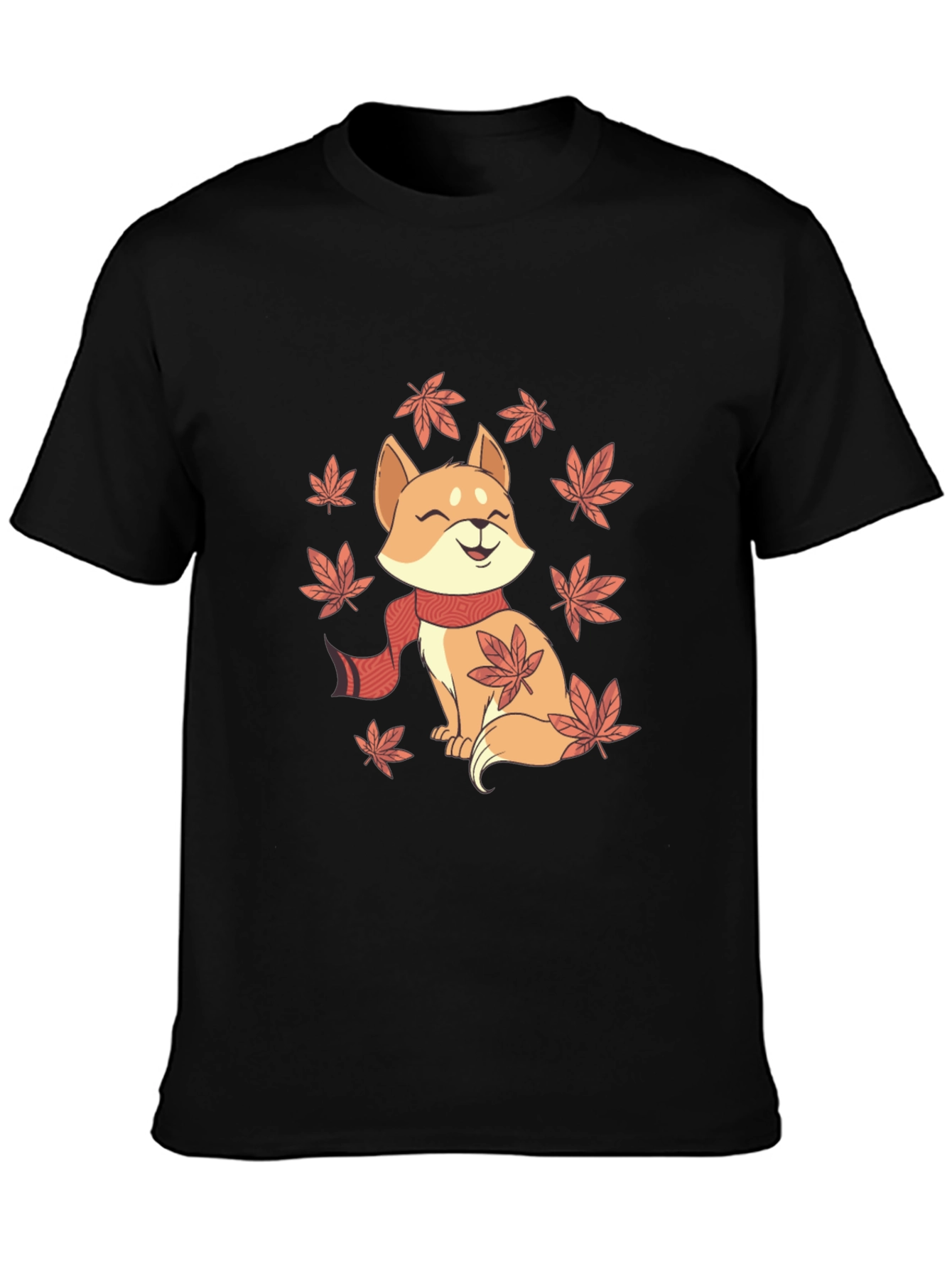 Cute Shiba Inu Autumn Leaves Black T-Shirt