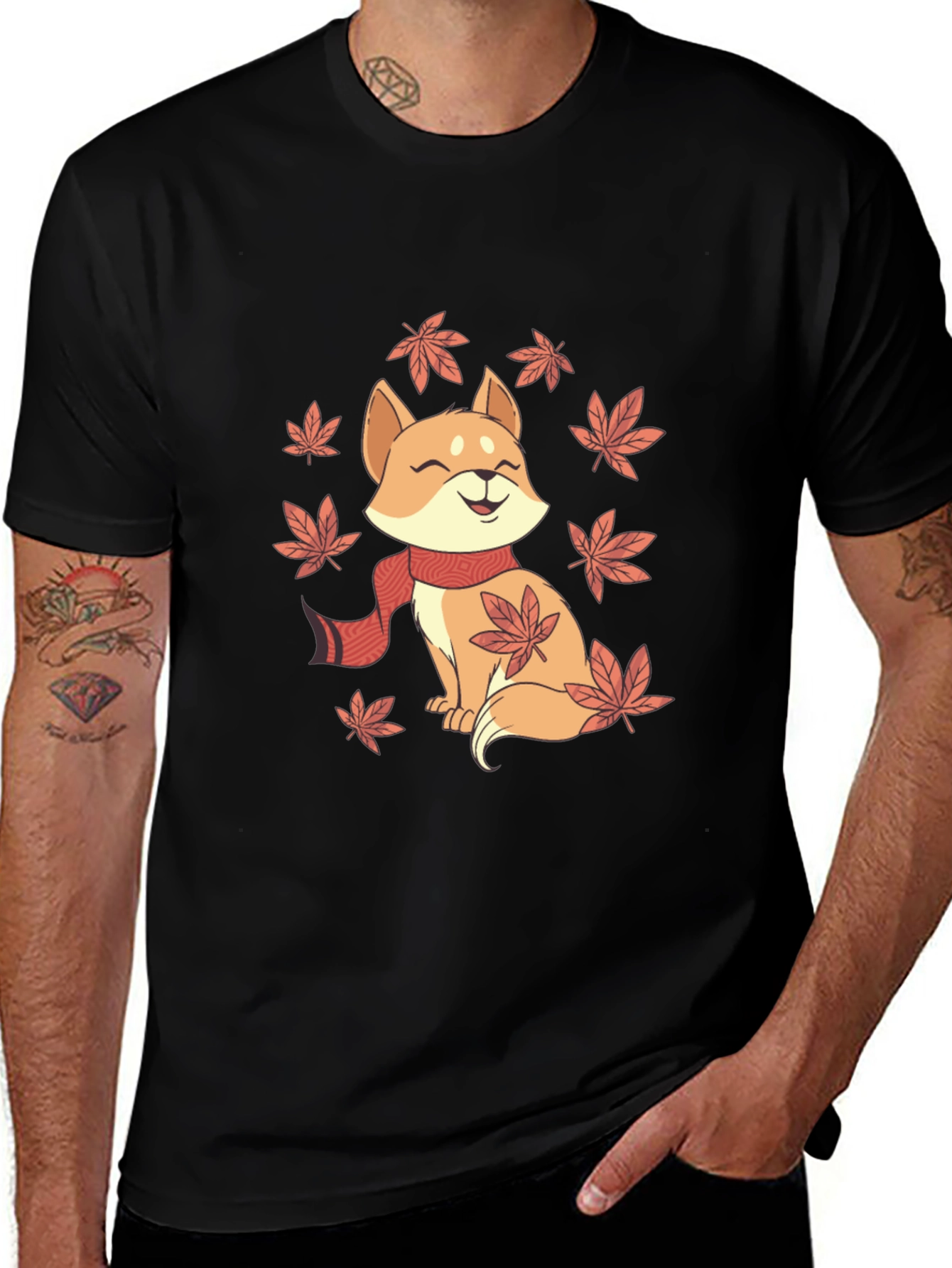 Cute Shiba Inu Autumn Leaves Black T-Shirt