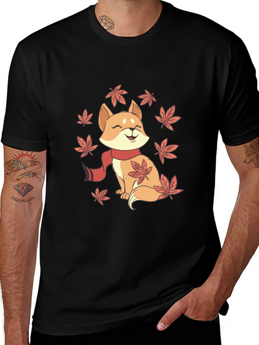 Cute Shiba Inu Autumn Leaves Black T-Shirt