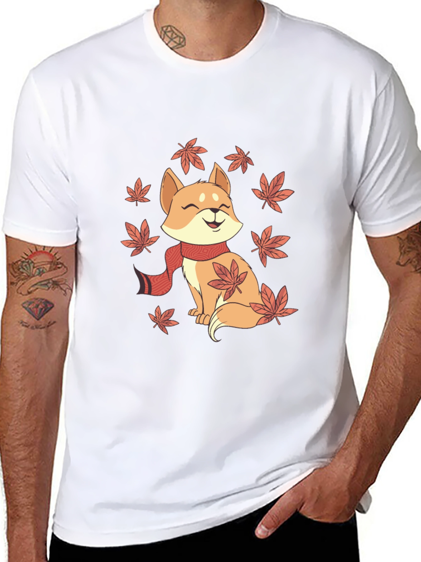 Cute Shiba Inu Autumn Leaves Black T-Shirt