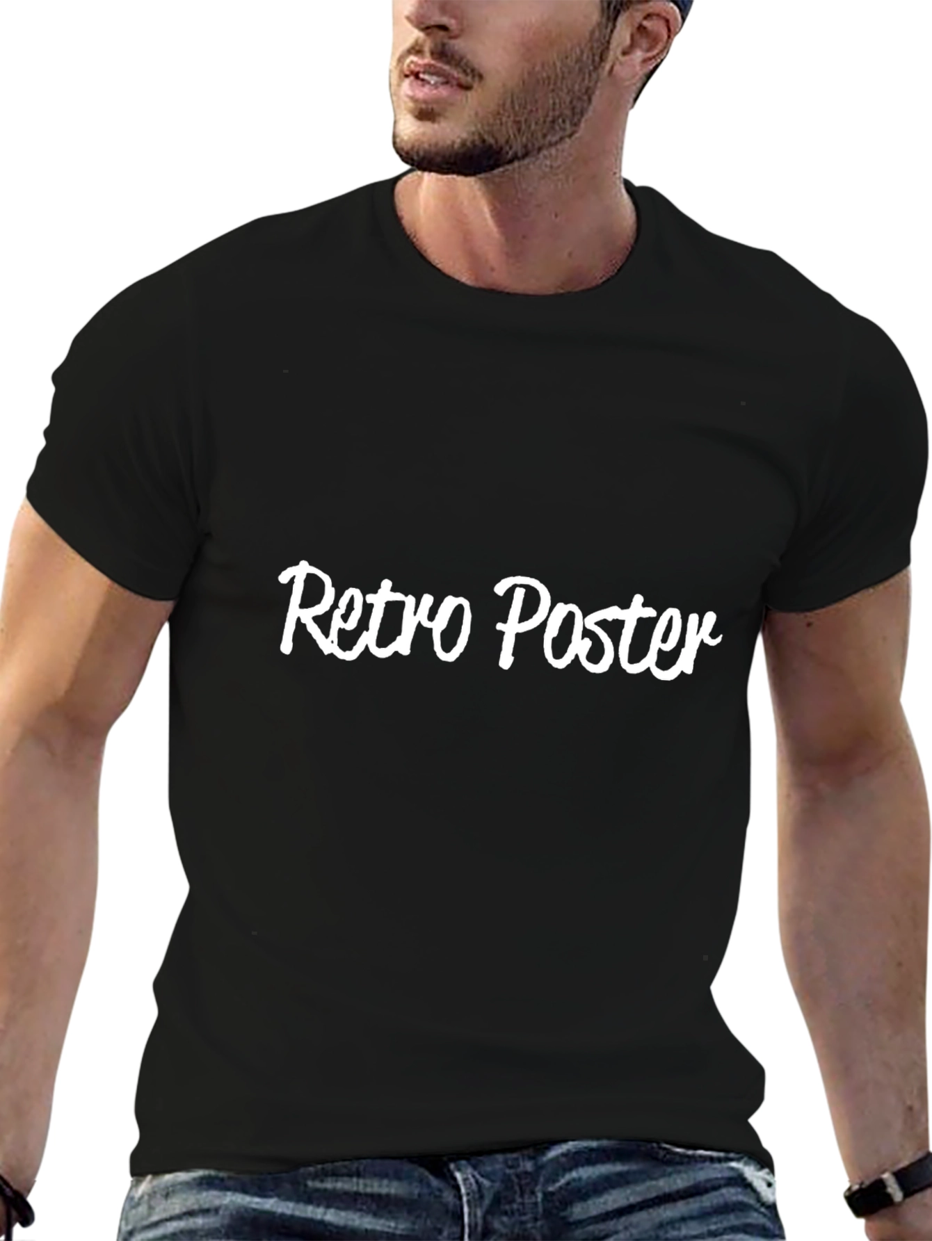 Retro Poster Style Black Cotton T-Shirt