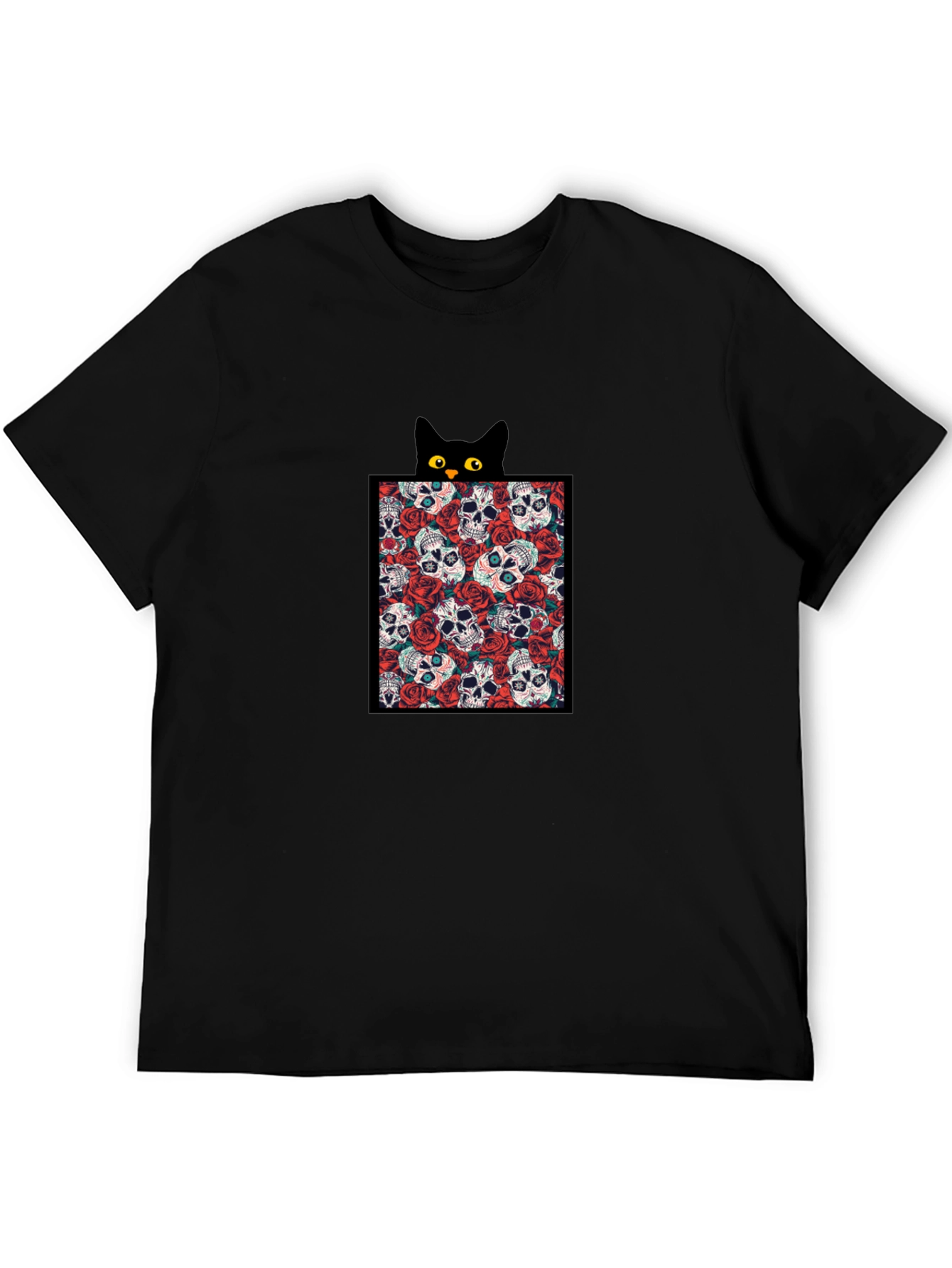 Skull & Rose Cat Tee - Black Graphic T-Shirt