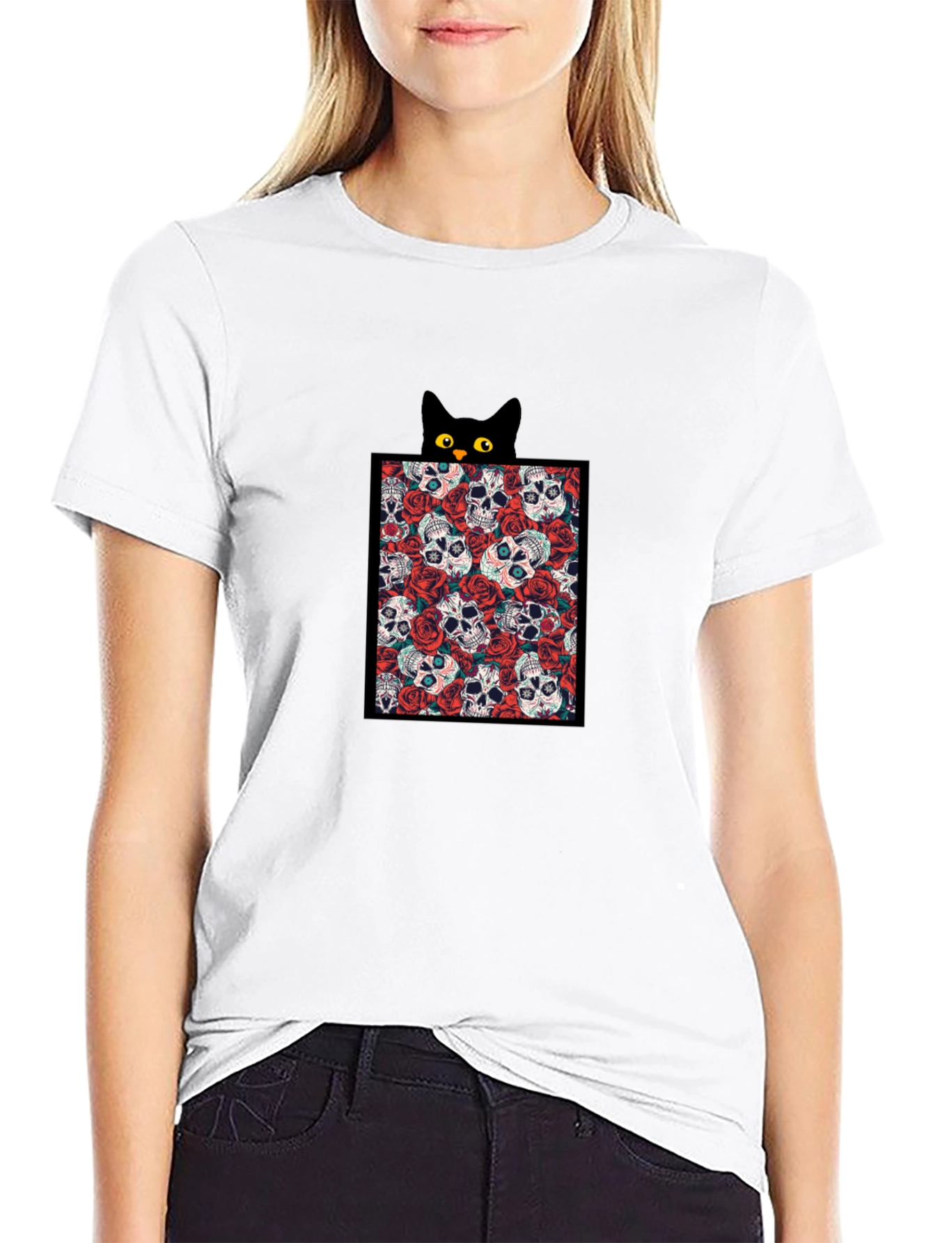 Skull & Rose Cat Tee - Black Graphic T-Shirt